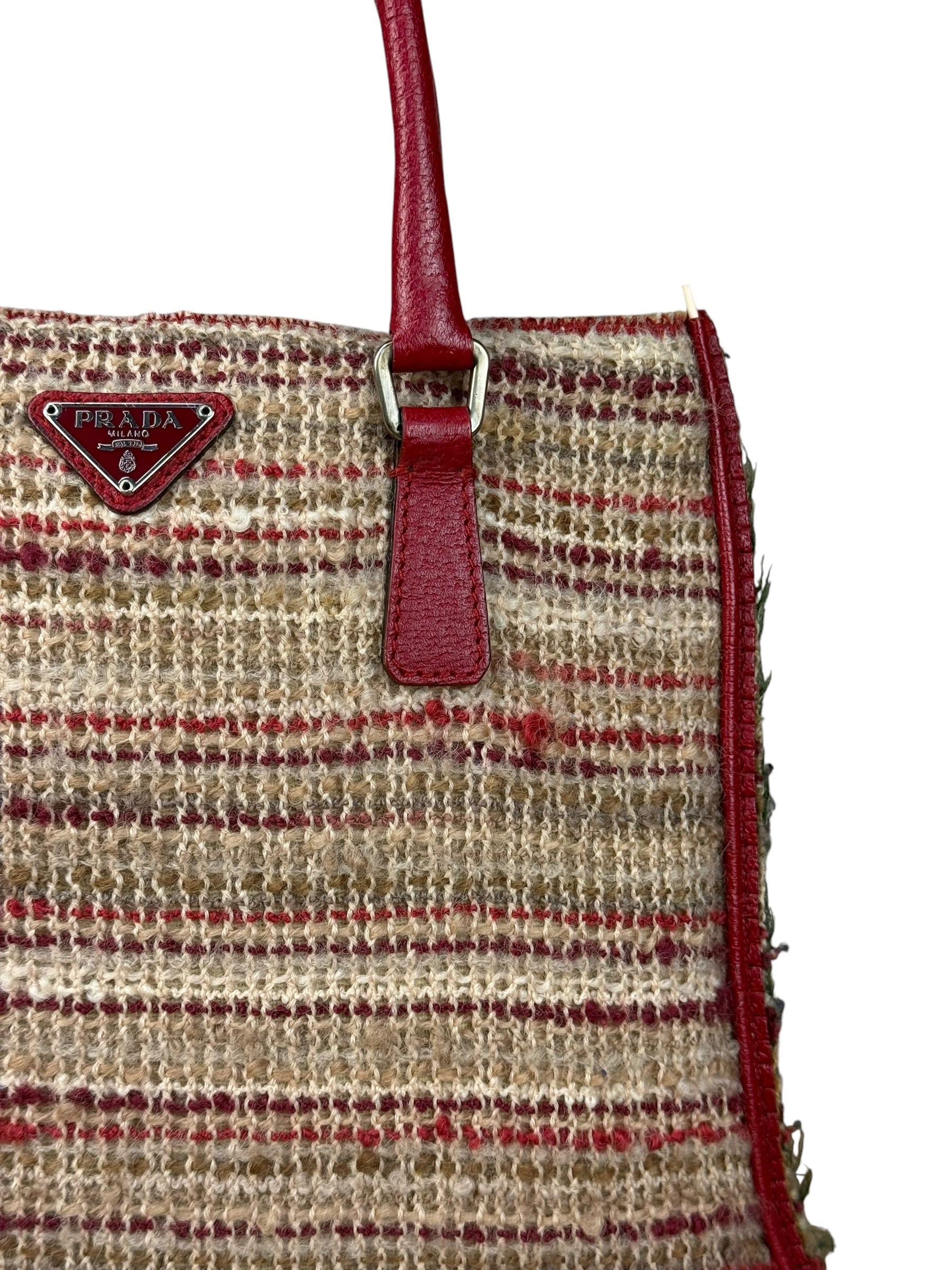 Prada Vintage Red Woven Tweed Zip Tote
