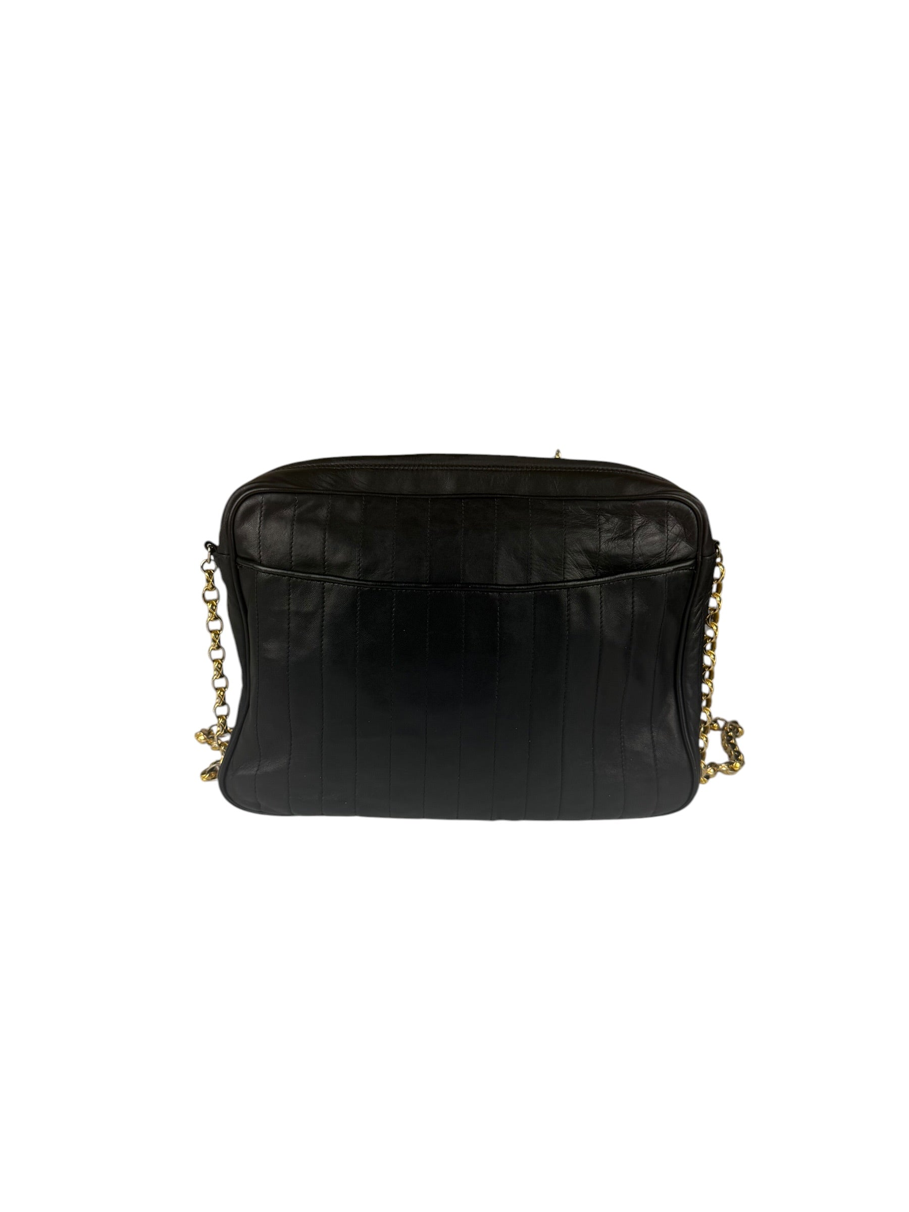 Chanel Vintage Black Leather Mademoiselle Vertical Quilted Shoulder Bag 1990's