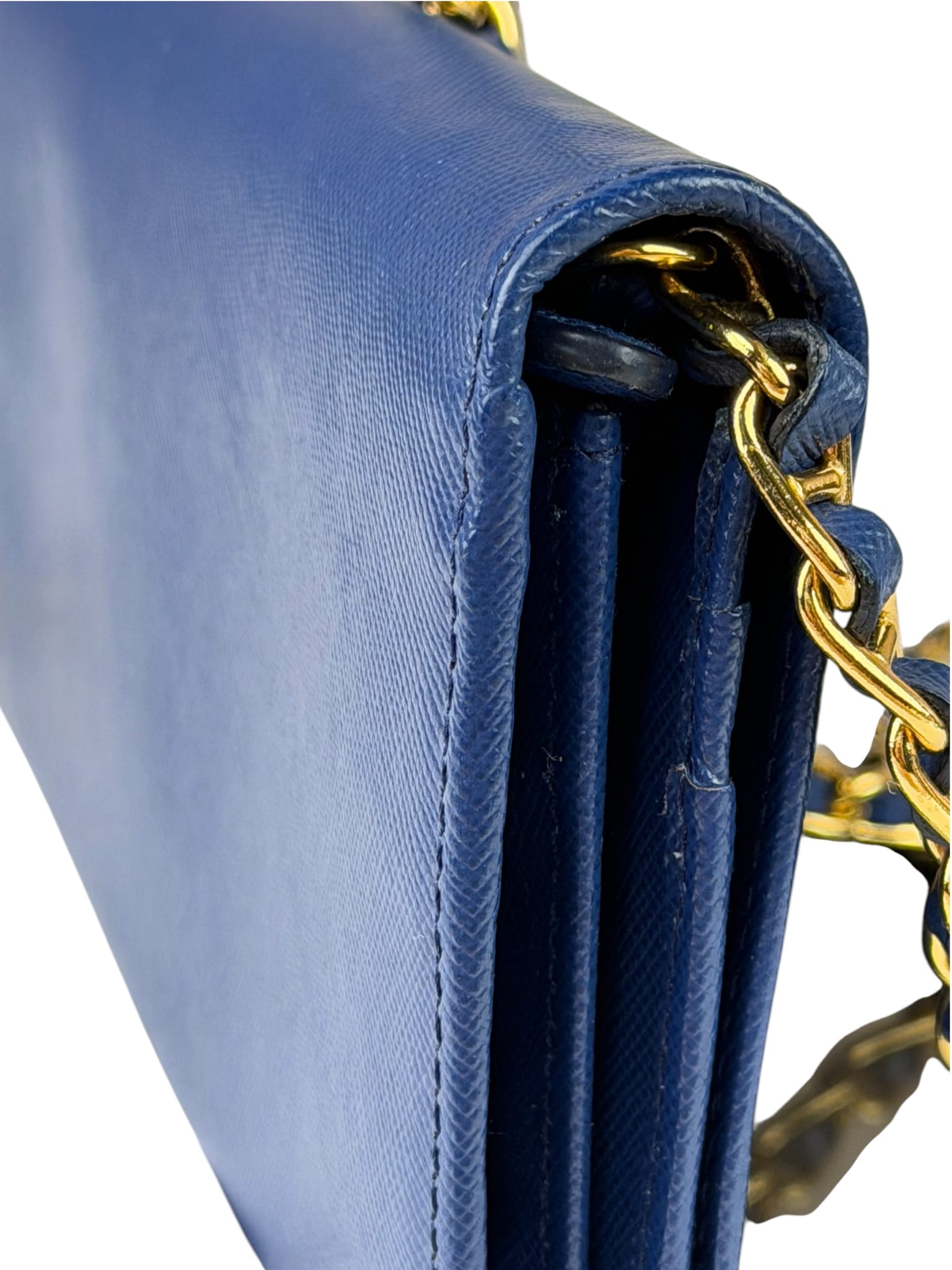 Prada Blue Saffiano Leather Fire Flap Wallet On Chain