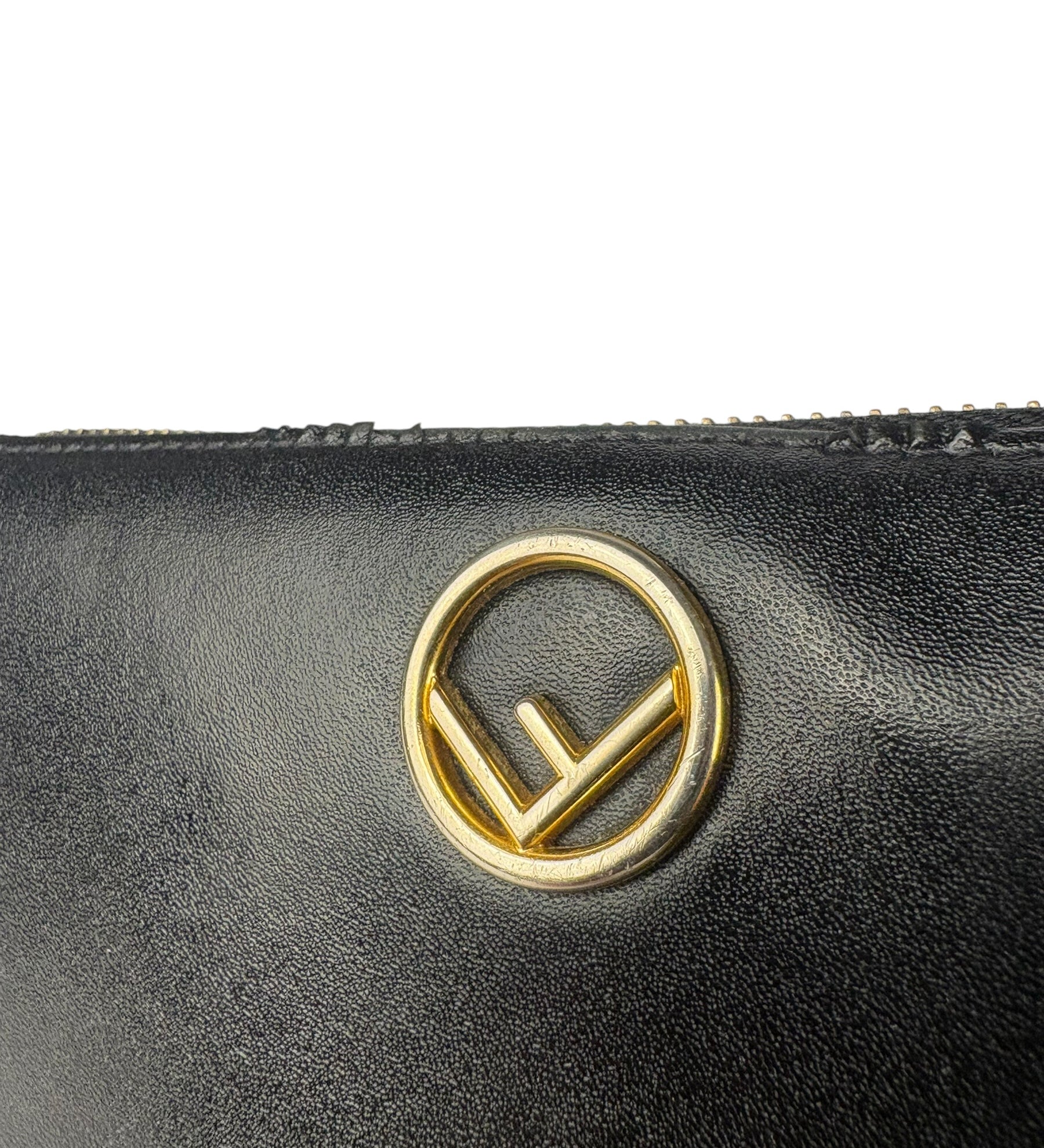 Fendi Black Leather F Logo Zip-Around Long Wallet