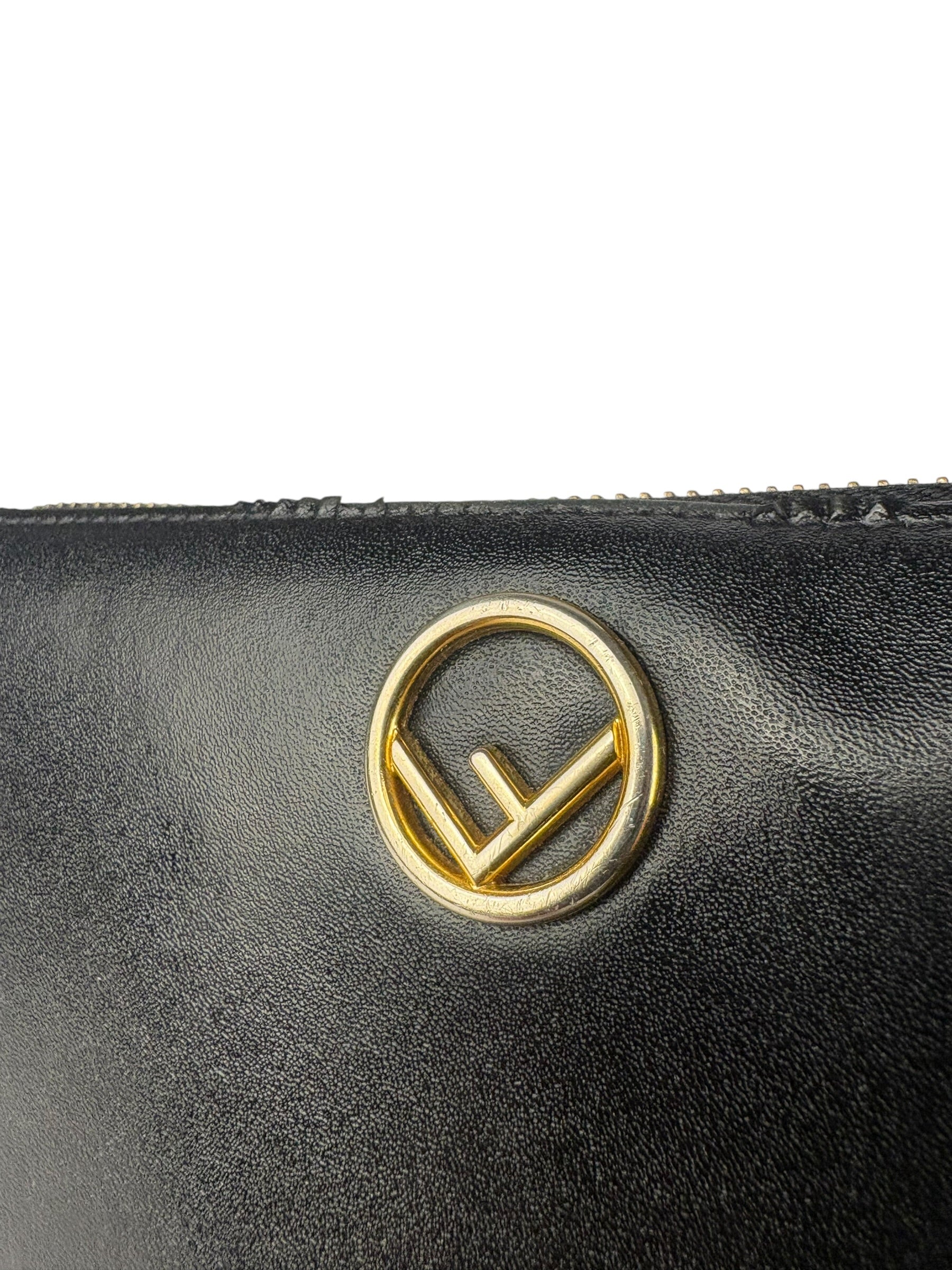 Fendi Black Leather F Logo Zip-Around Long Wallet