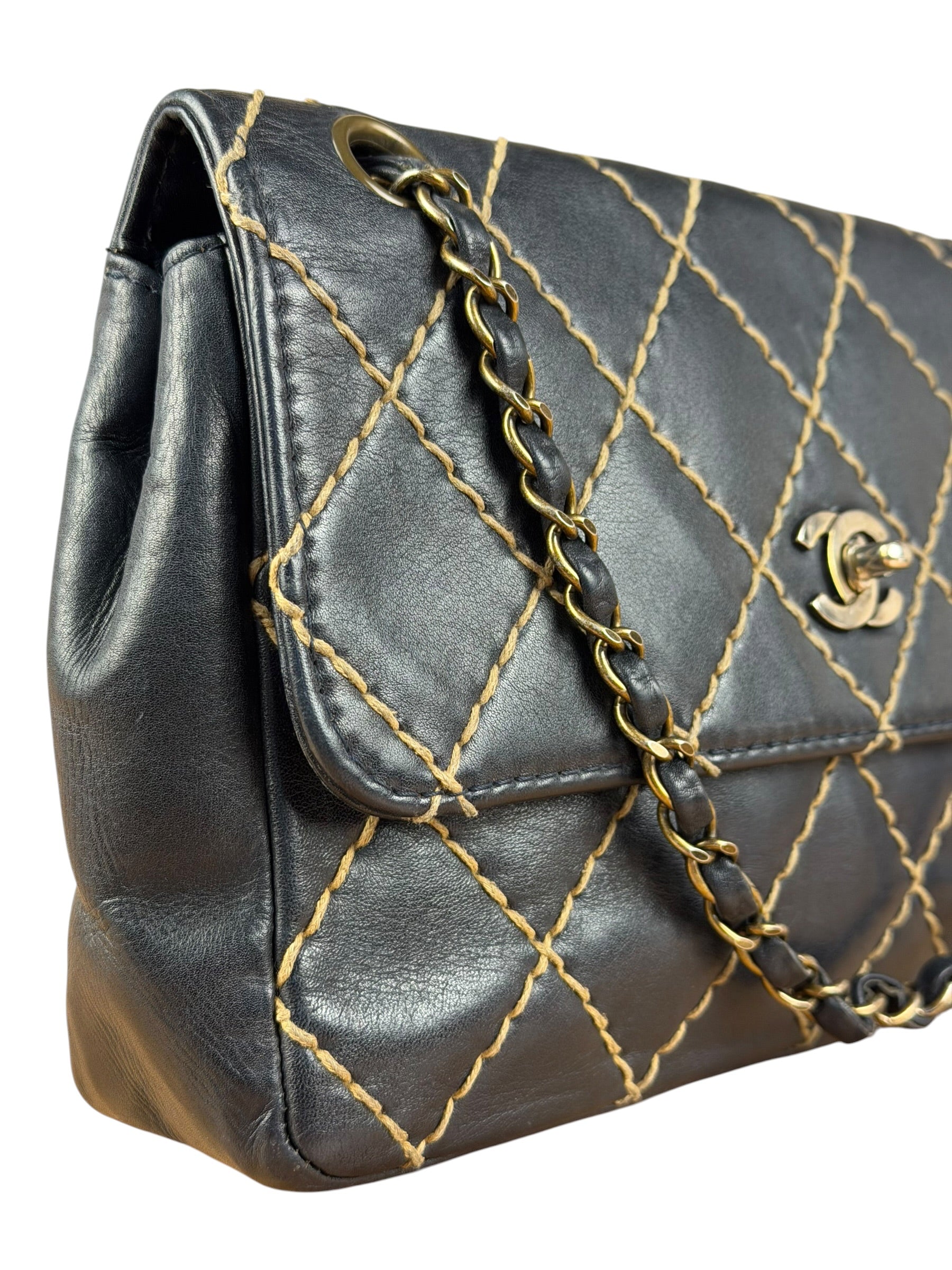Chanel Vintage Navy Blue Leather Wild Stitch Surpique Flap Bag 2001