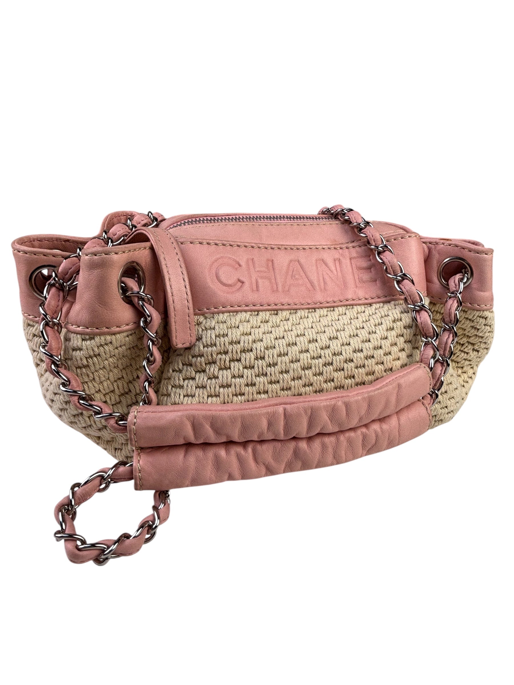 Chanel Pink Lambskin Trim Woven Lax Accordion Shoulder Bag 1997