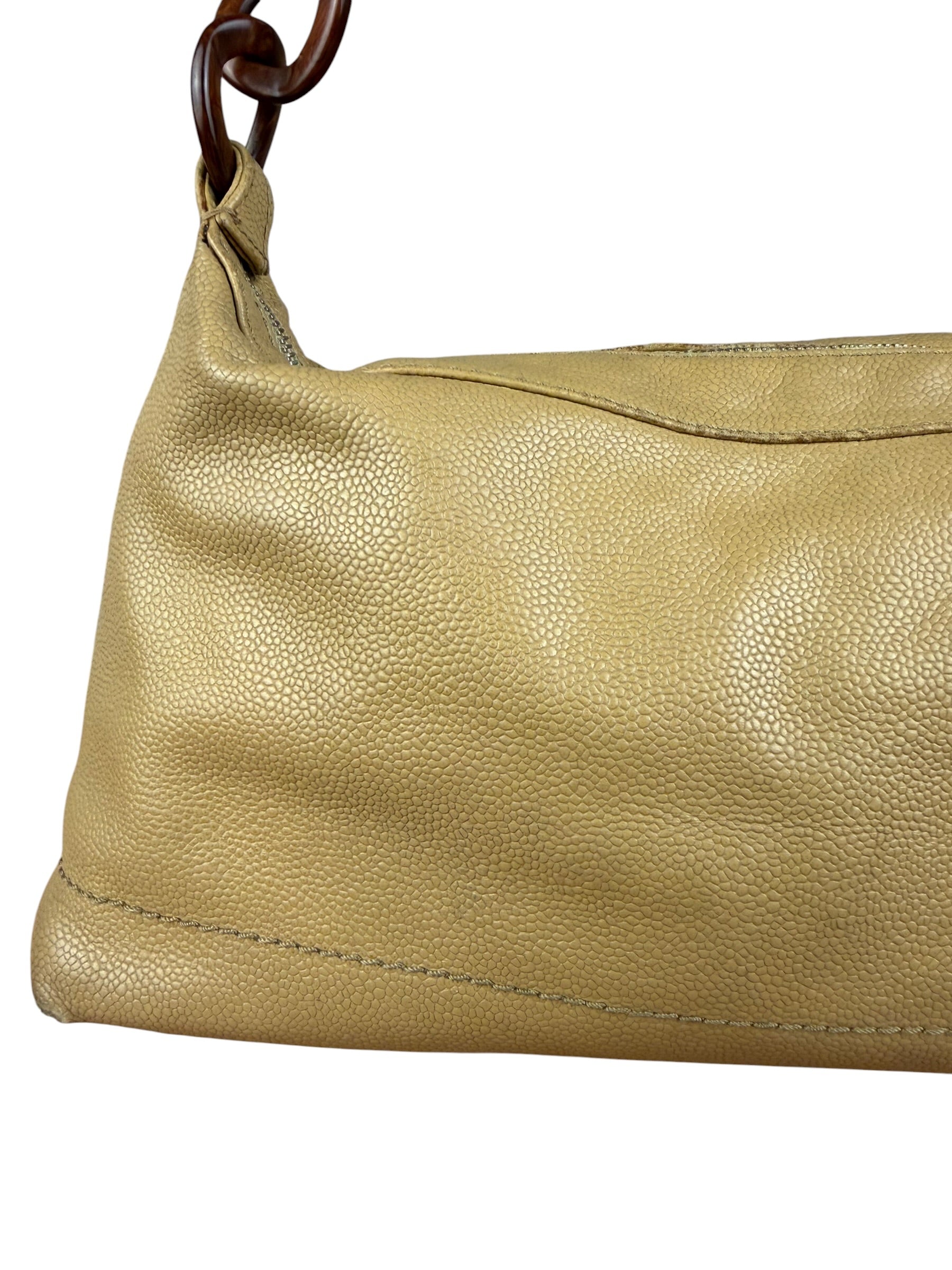 Chanel CC Vintage Beige Leather Caviar Wood Chain Hobo Bag