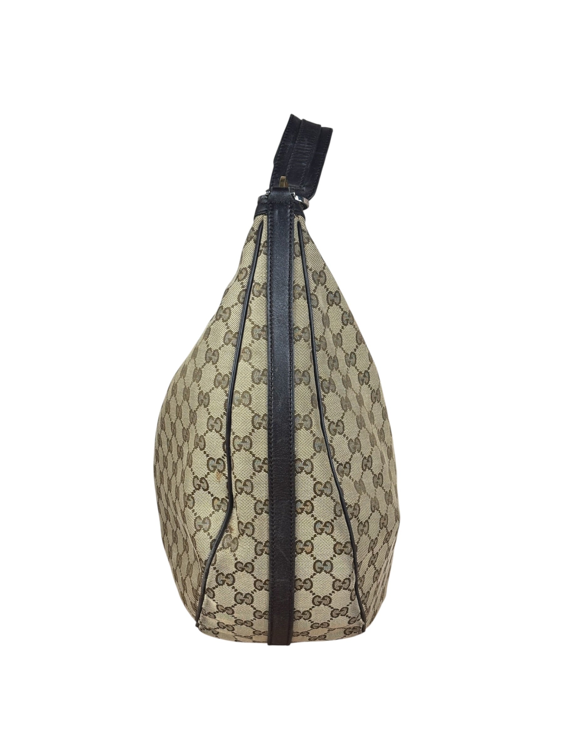 Gucci Vintage Dark Brown Leather Trim GG Canvas Twin Hobo Bag