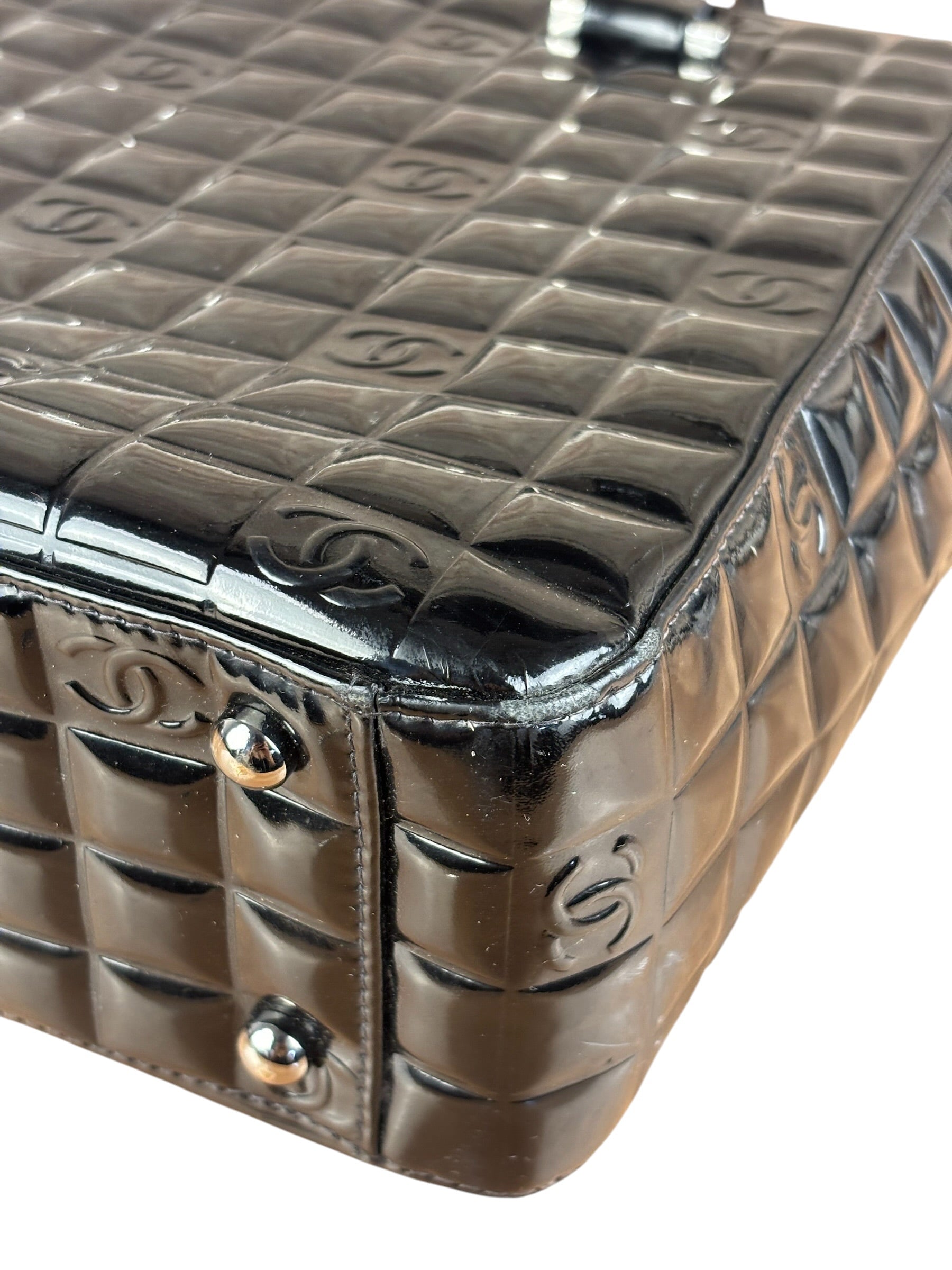 Chanel Vintage Black Patent Leather Chocolate Bar Pyramidal Tote Bag 2002