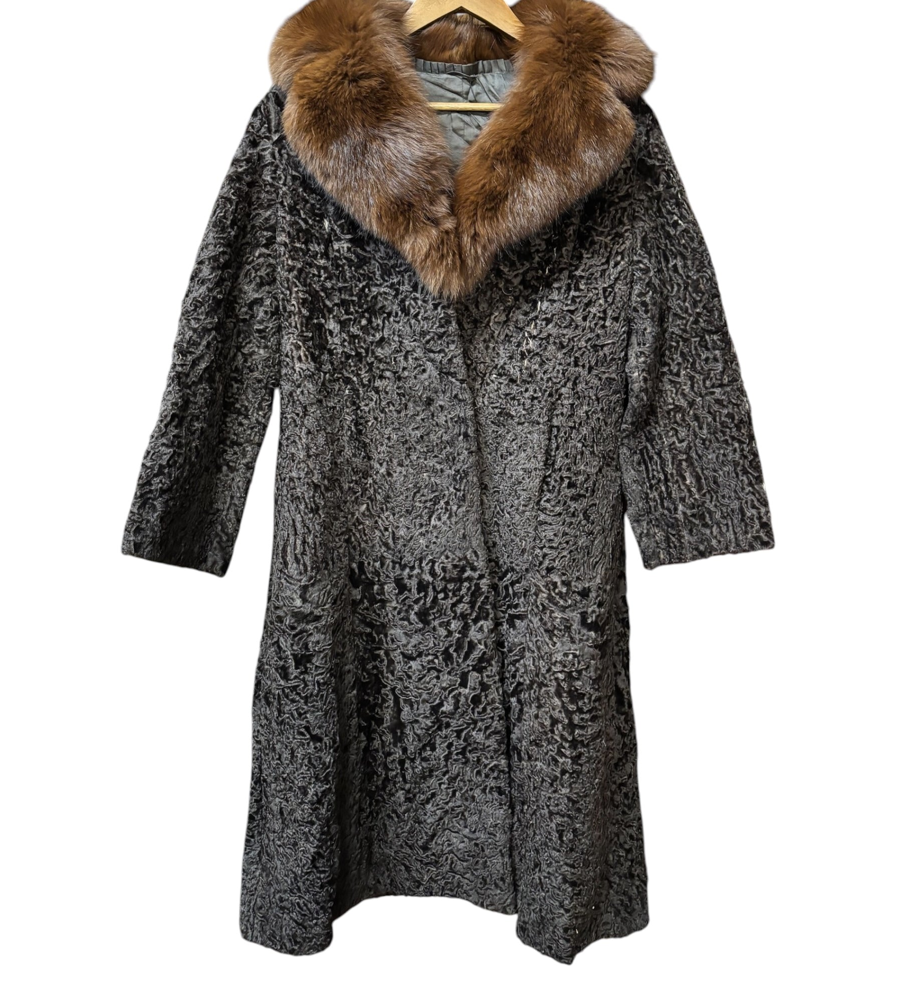 Vintage Brown Fox Fur Collar Persian Lamb Long Coat