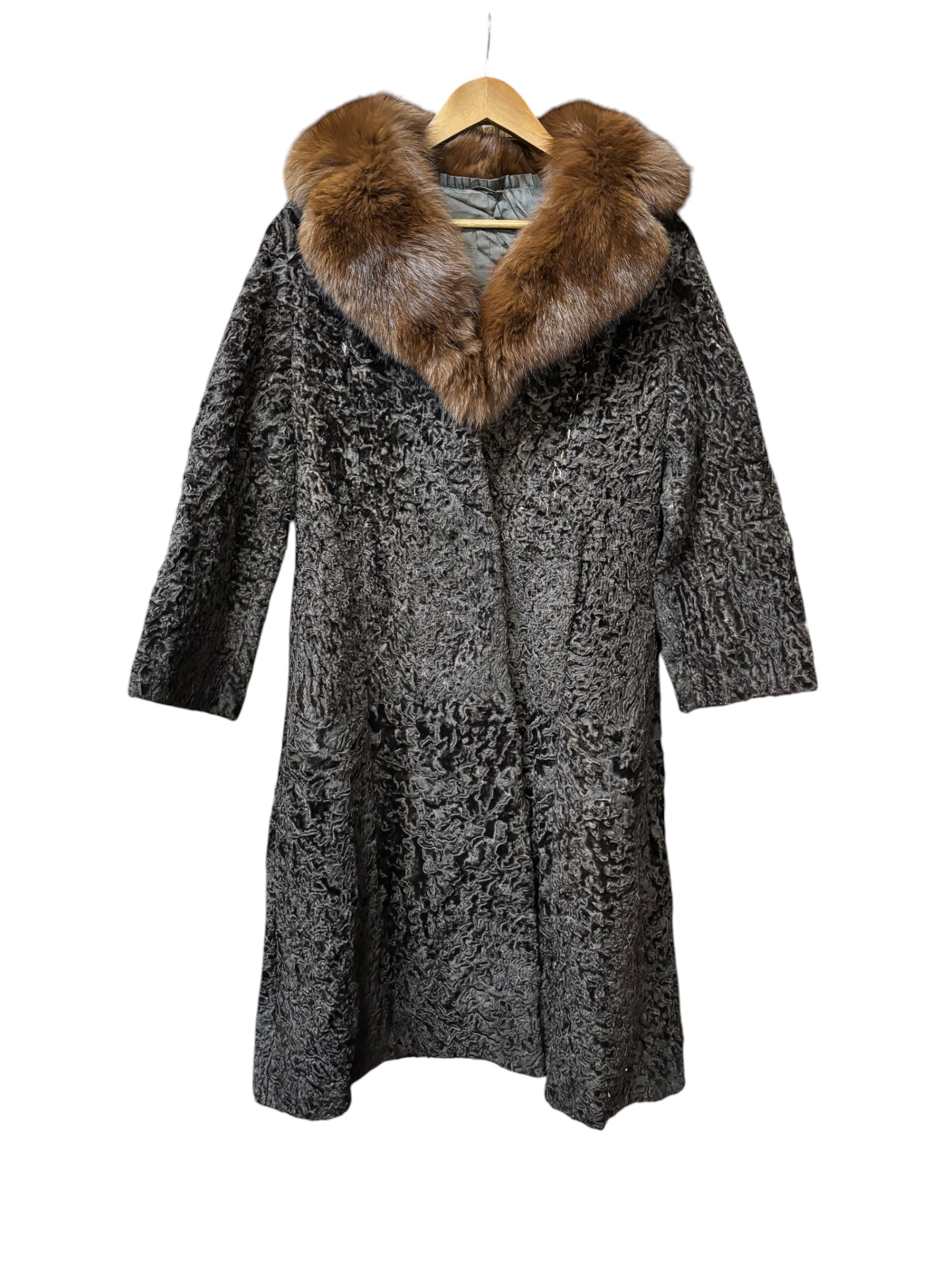 Vintage Brown Fox Fur Collar Persian Lamb Long Coat