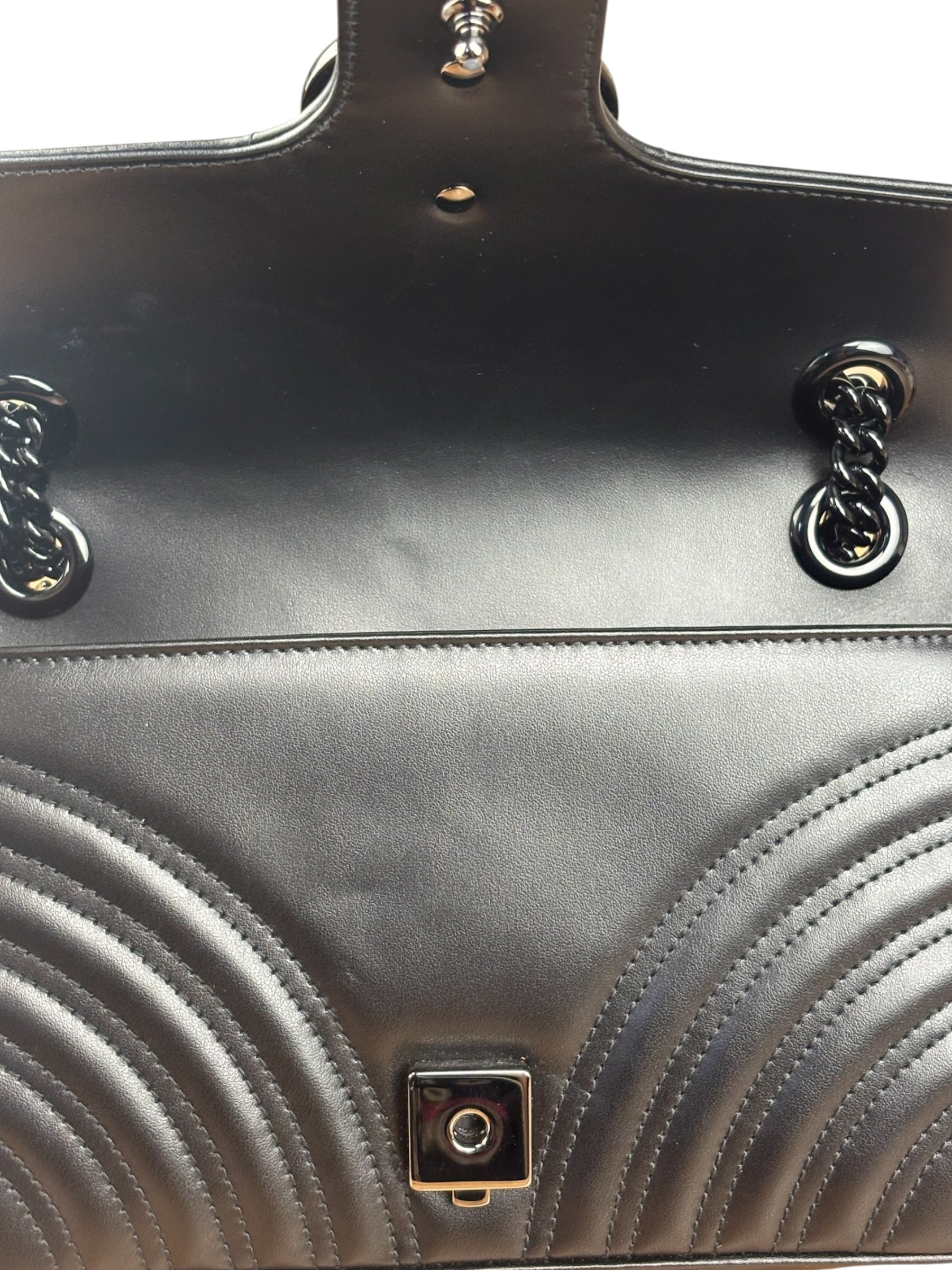 Gucci Black Leather GG Logo Marmont Noir Matelasse Shoulder Bag