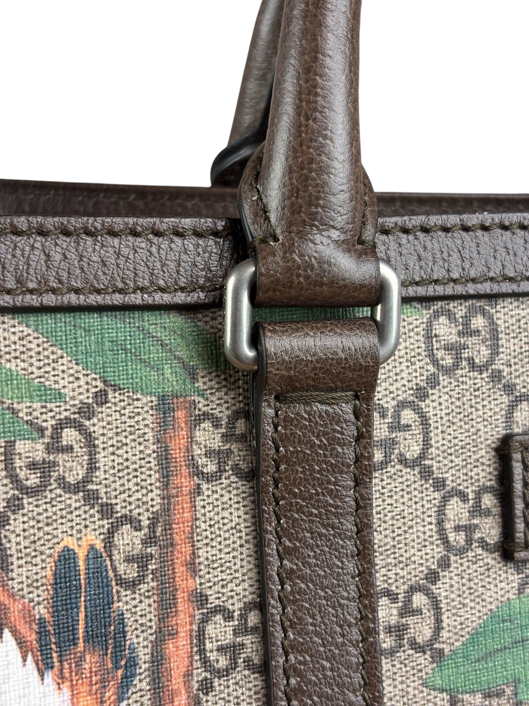 Gucci Brown Leather Trim GG Supreme Tian Vertical Tote Bag