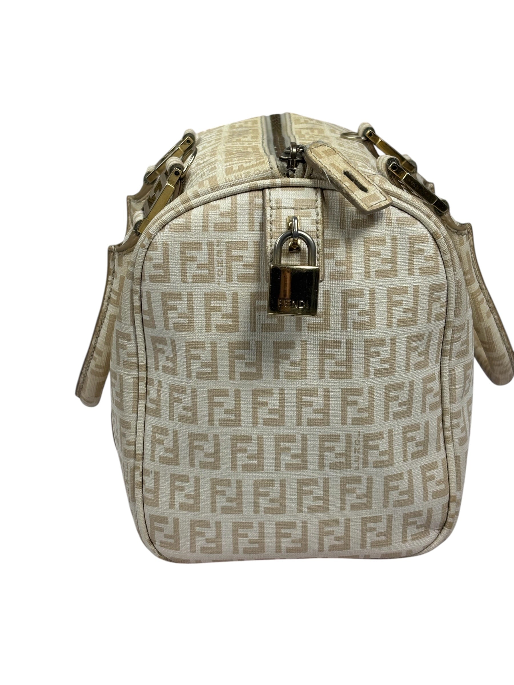 Fendi Beige Leather Trim Zucca Boston Bag