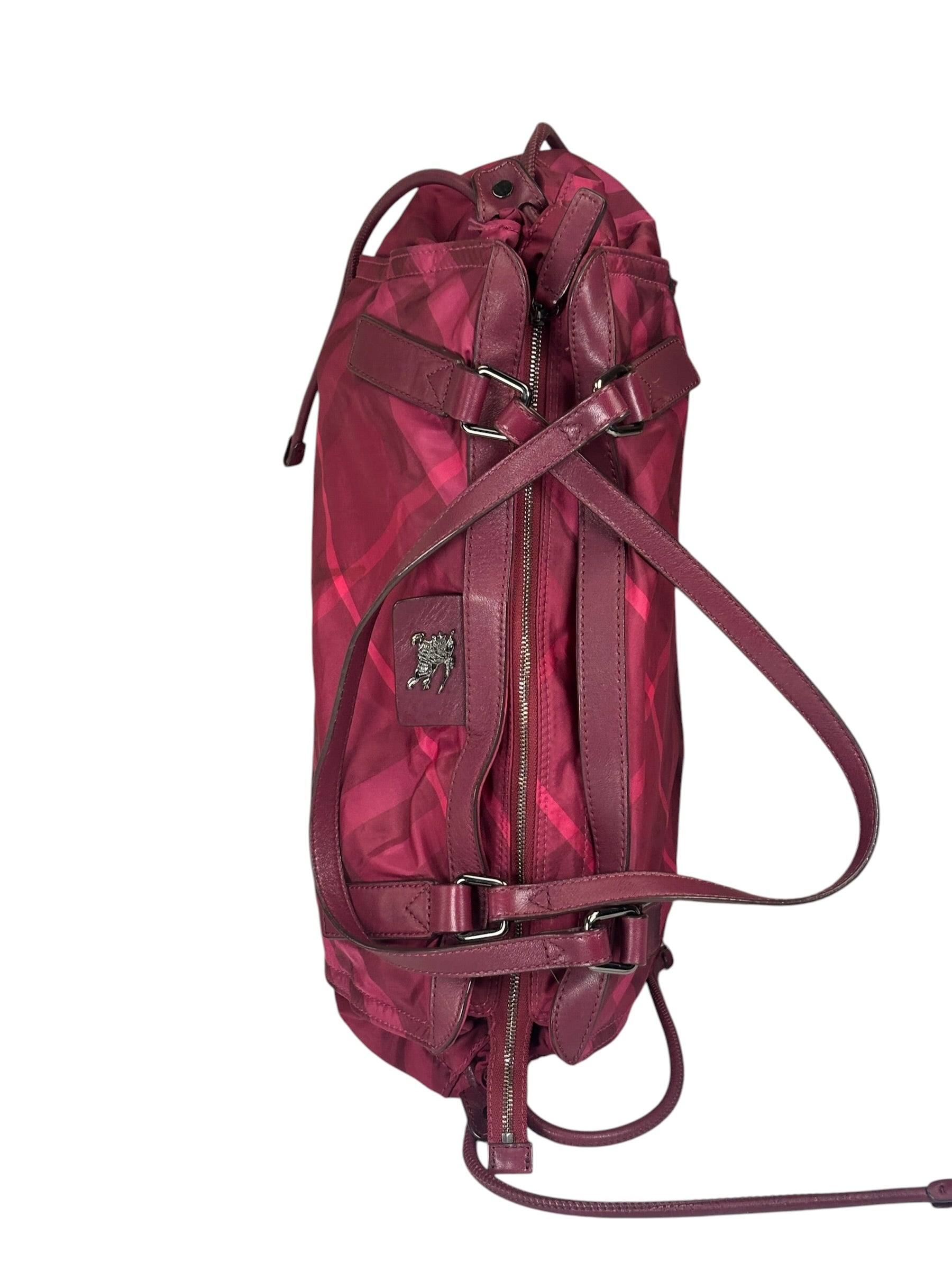 Burberry Plum Nylon/Leather Trim Nova Check Buckleigh Packable Tote
