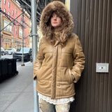 Balmain Beige Leather Puffer Fur Hooded Coat
