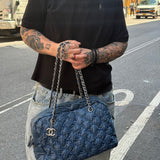 Chanel Blue Leather Trim/Nylon Tweed Stitch Puffer Chain Shoulder Bag 2010
