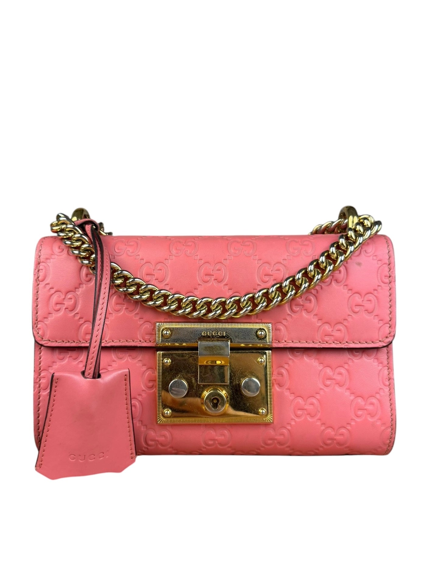 Gucci GG Pink Embossed Leather Small Padlock Chain Bag