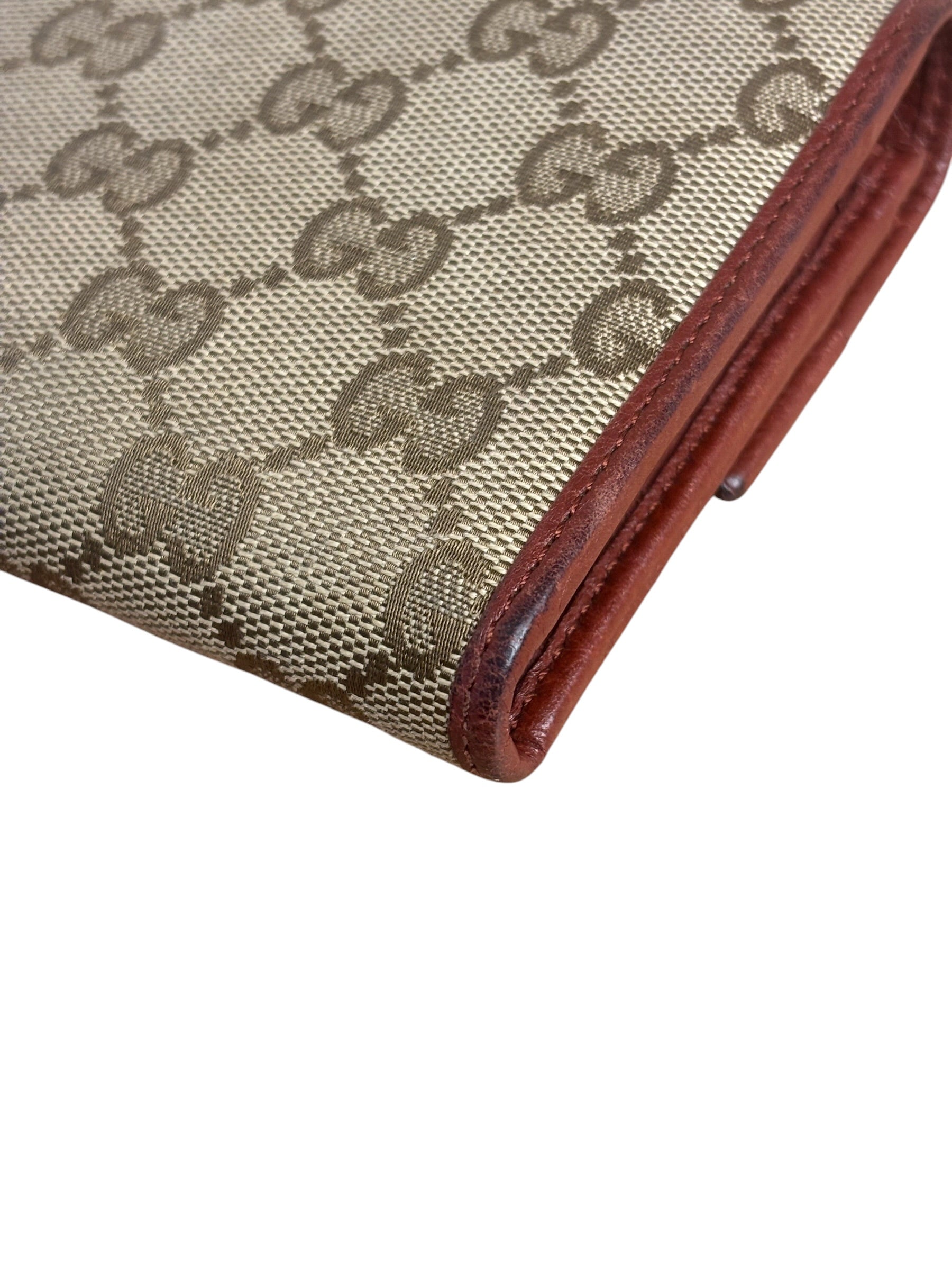 Gucci Vintage Burgundy Leather Trim GG Canvas Continental Wallet