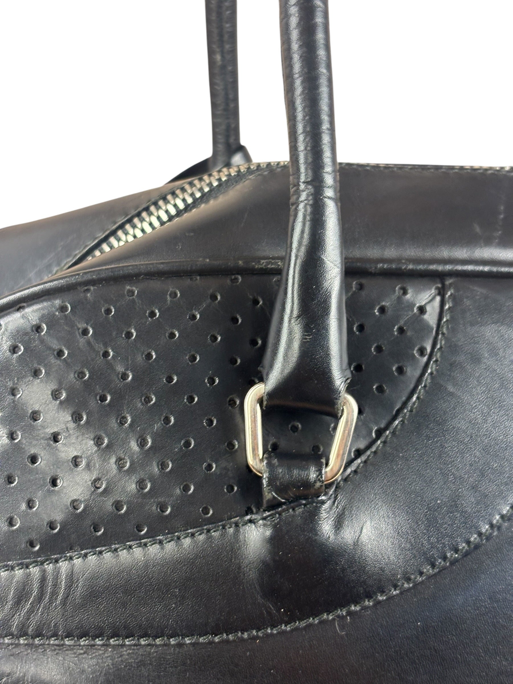 Prada Vintage Black Leather Vitello Drive Perforated Bowling Tote Bag