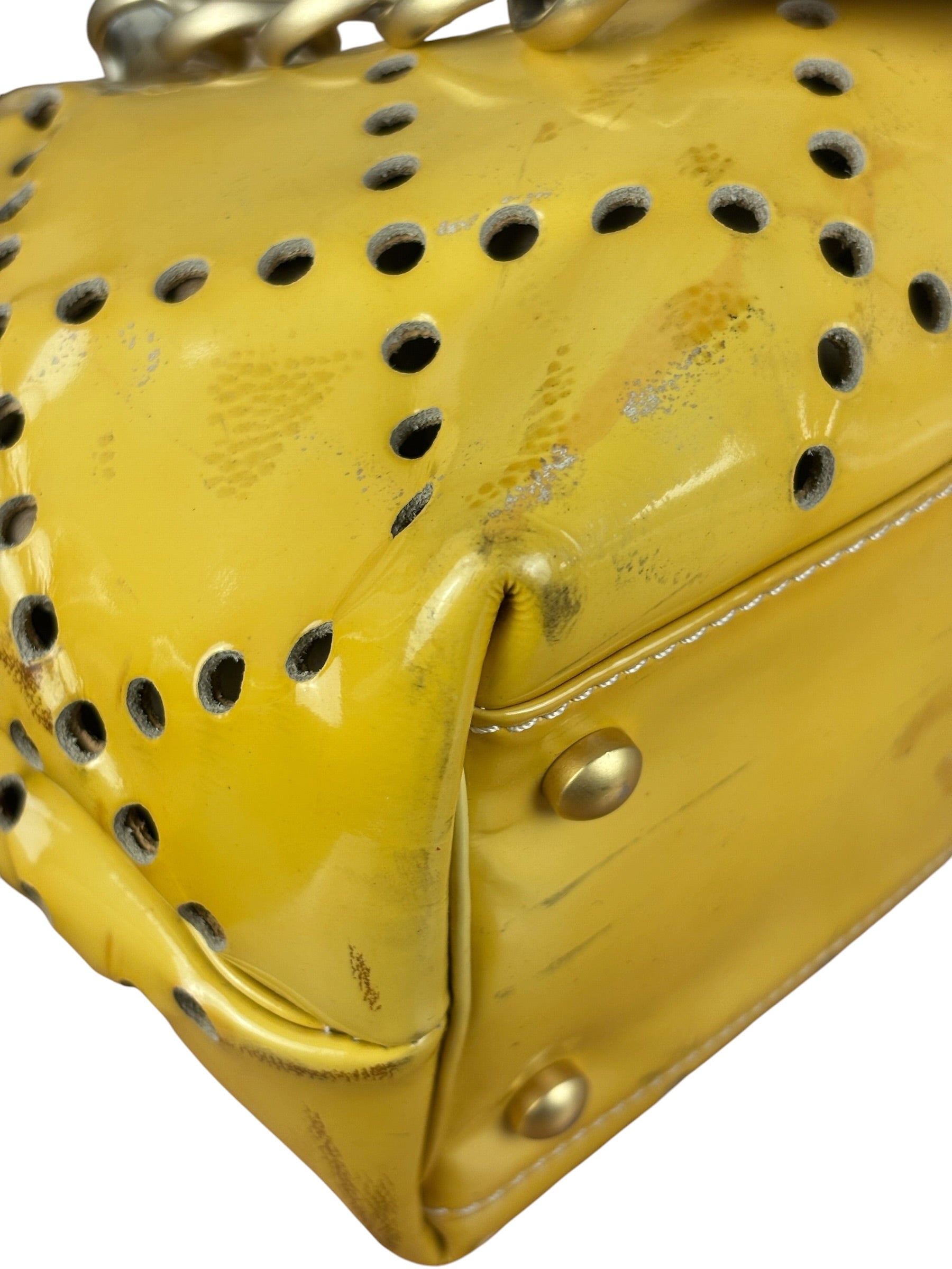 Chanel Vintage Yellow Patent Leather Perforated Tote Bag 1987