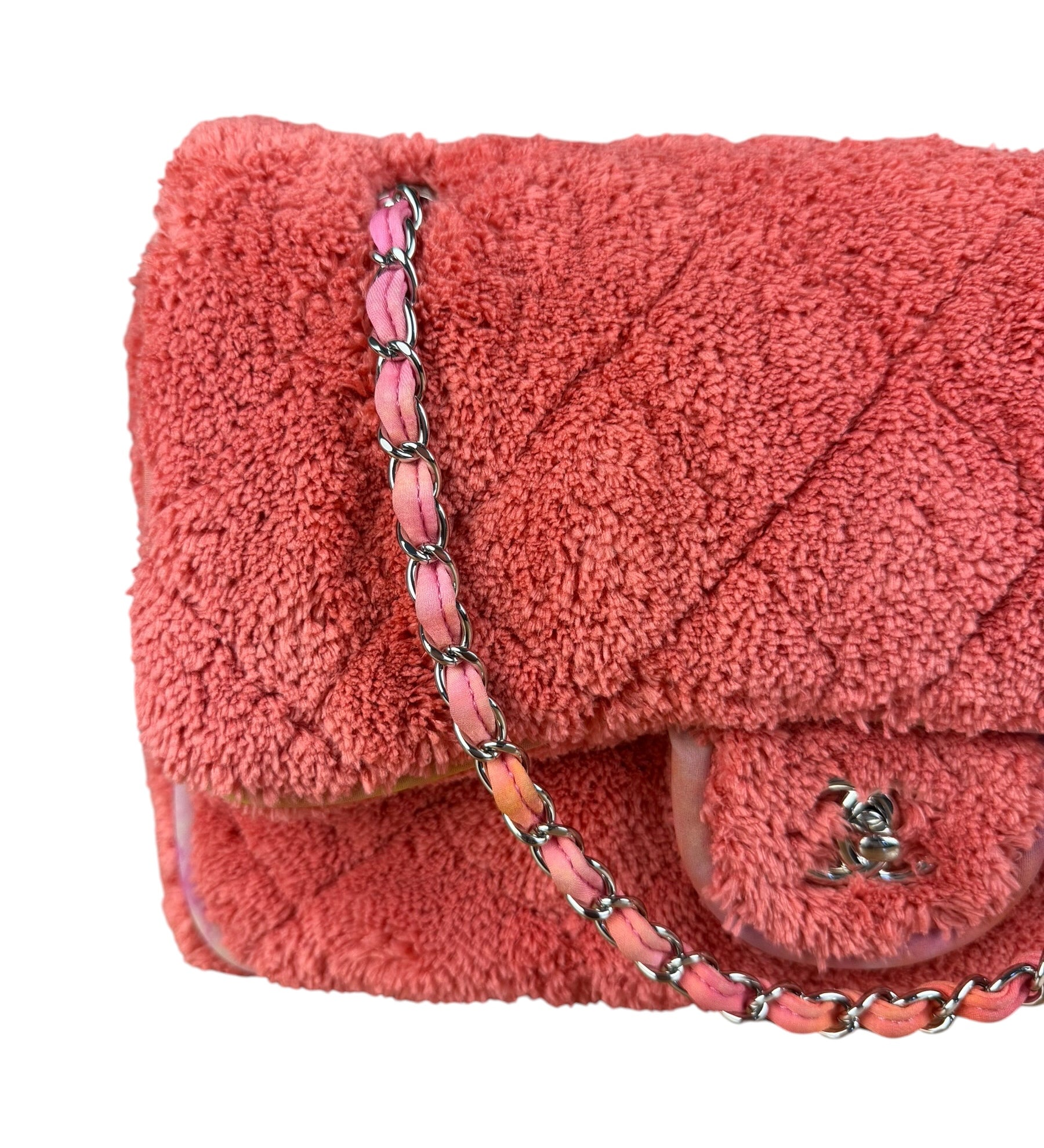 Chanel Coral Terry Cloth Quilted Jumbo Single Flap Shoulder Bag2020