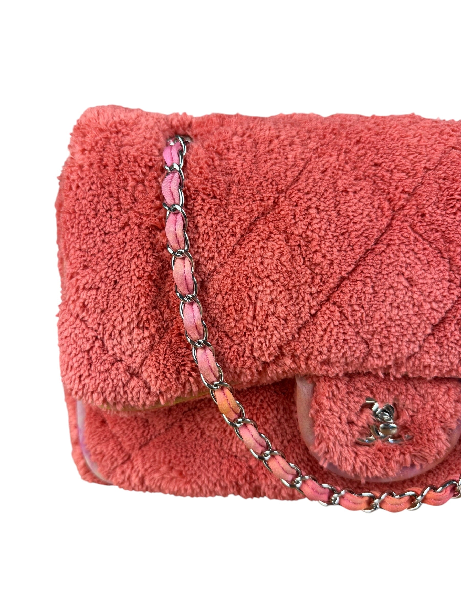 Chanel Coral Terry Cloth Quilted Jumbo Single Flap Shoulder Bag2020