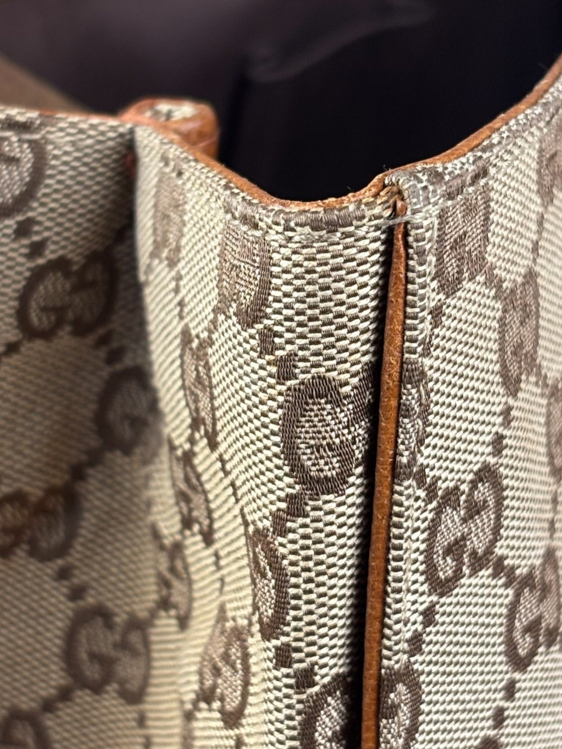 Gucci GG Brown Leather Trim Canvas Monogram Tote Bag