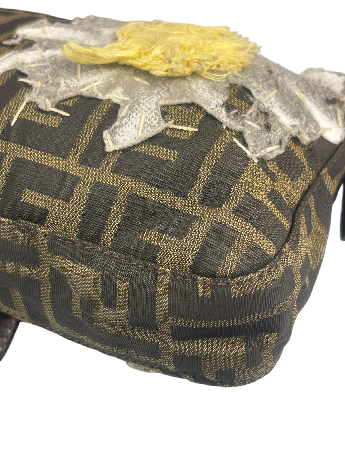 Fendi Brown Leather Trim Zucca Floral Embroidered Baguette