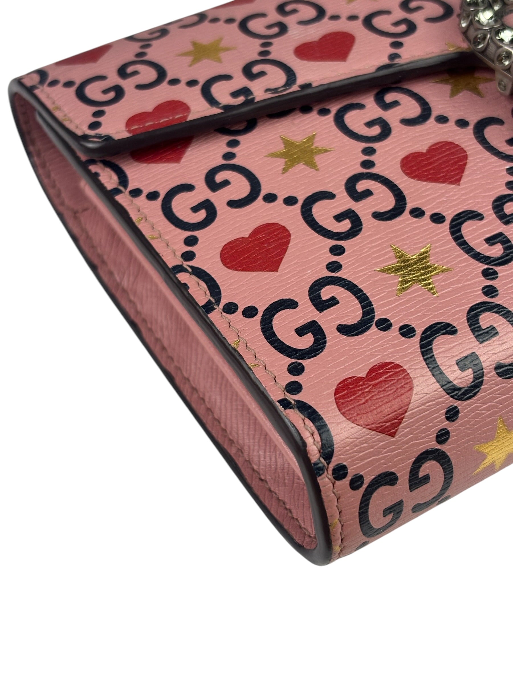 Gucci Pink Leather Dionysus GGCrystal Valentines Small Wallet On Chain