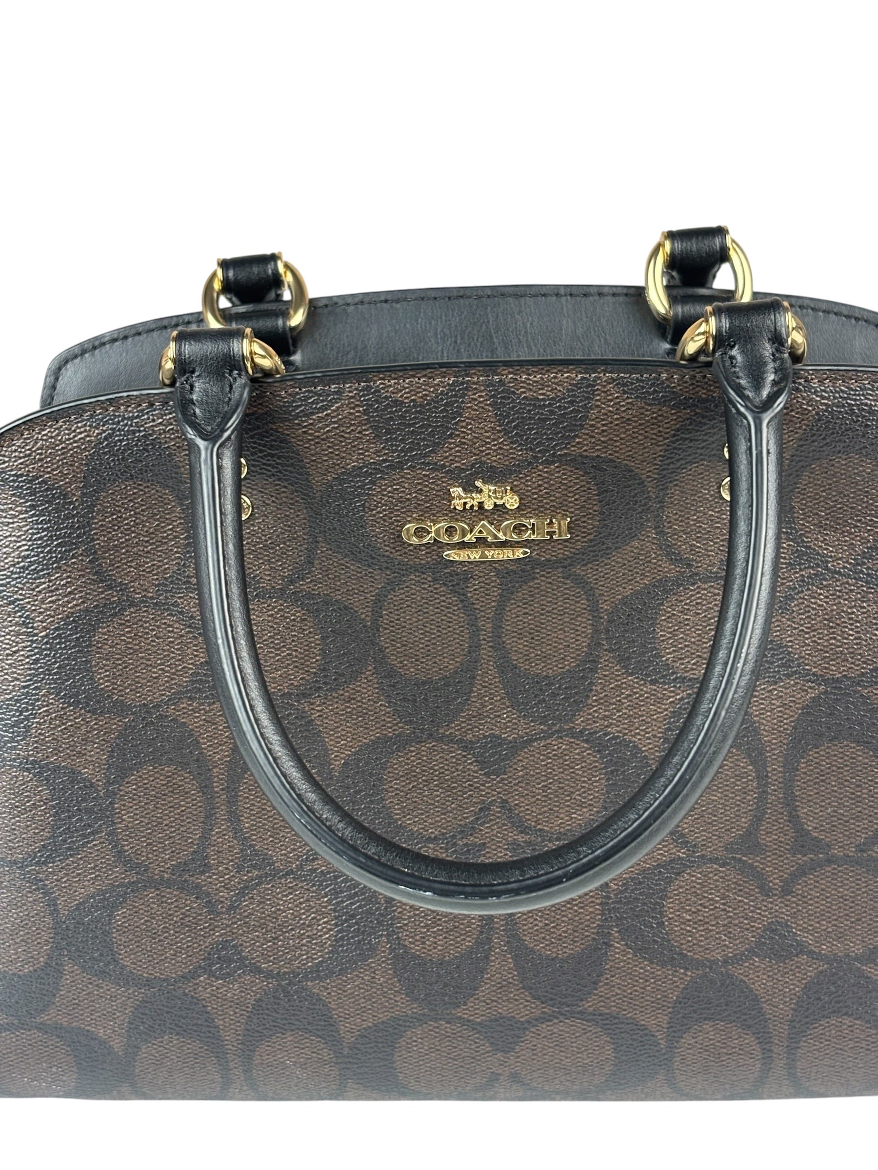 Coach Brown/Black Leather Mini Lillie Carryall In Signature Two-Way Bag