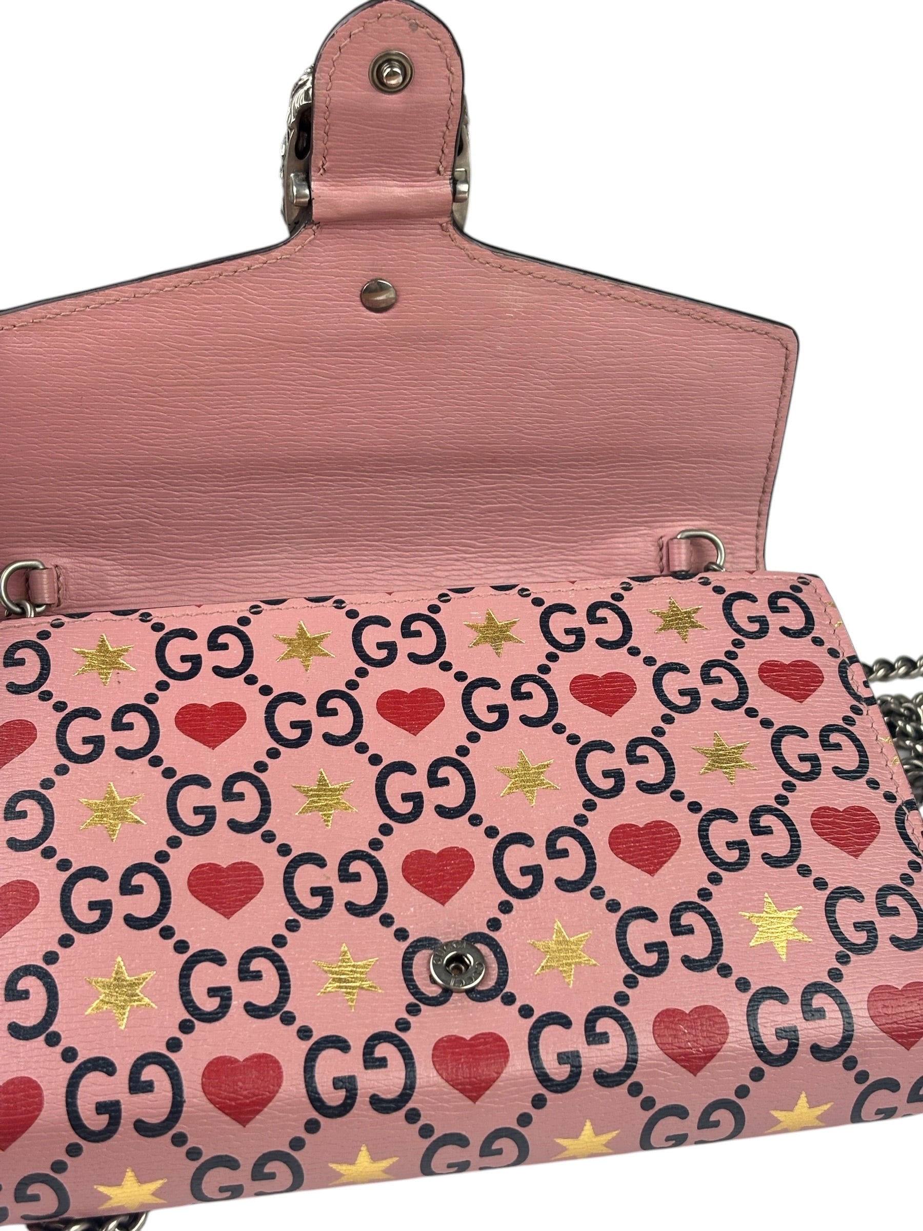 Gucci Pink Leather Dionysus GGCrystal Valentines Small Wallet On Chain