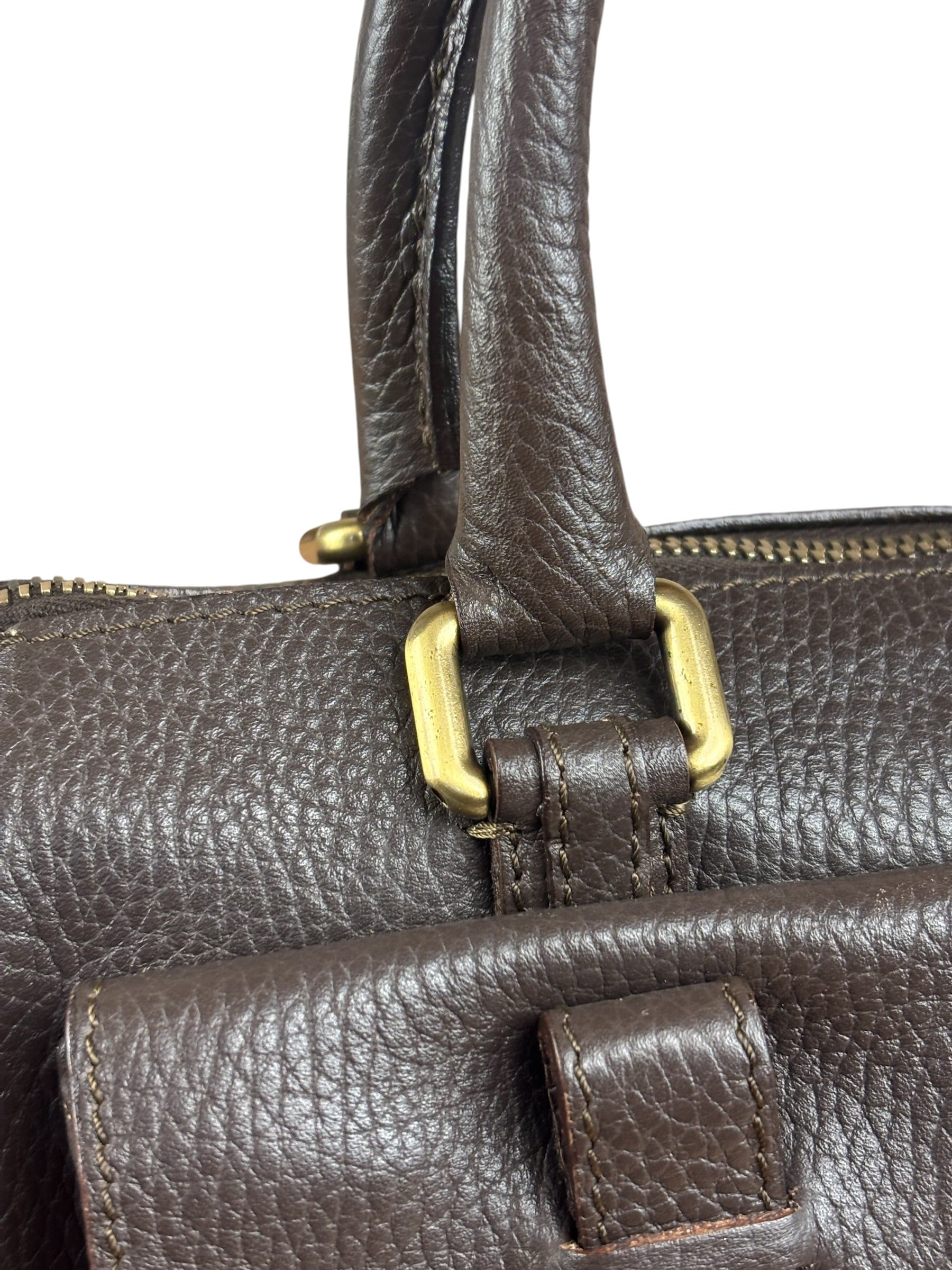 Burberry Vintage Brown Pebbled Leather Double Pocket Satchel Handbag