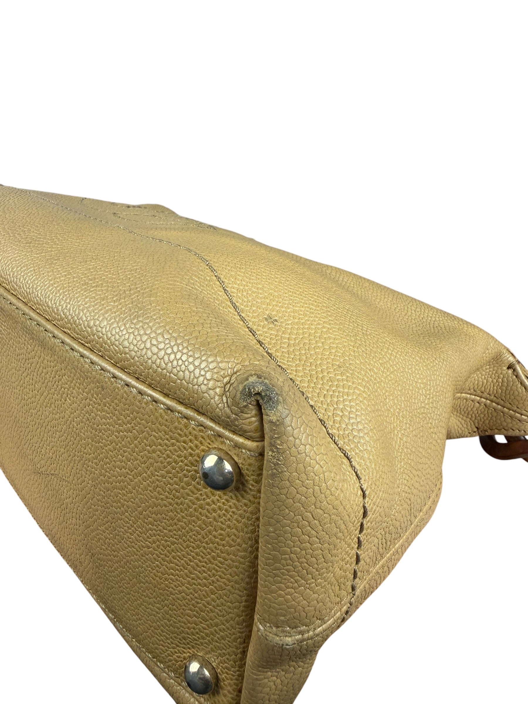 Chanel CC Vintage Beige Leather Caviar Wood Chain Hobo Bag