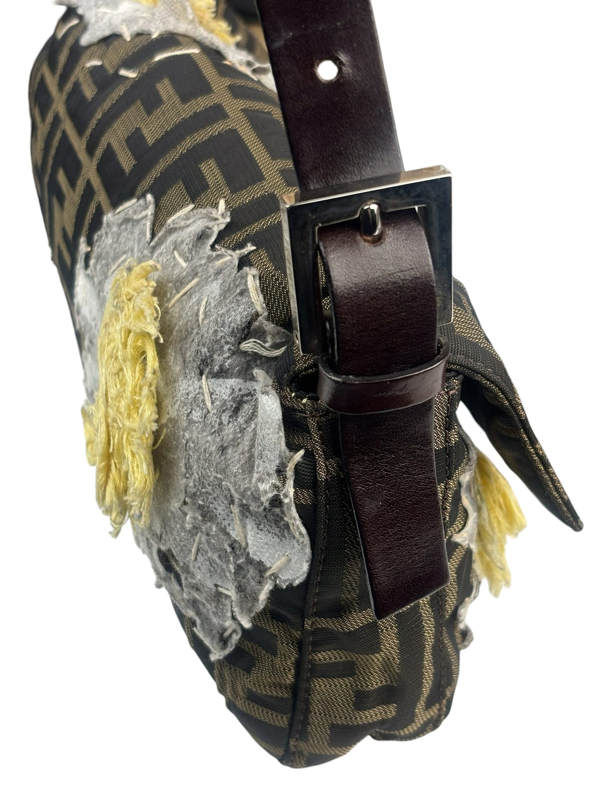 Fendi Brown Leather Trim Zucca Floral Embroidered Baguette