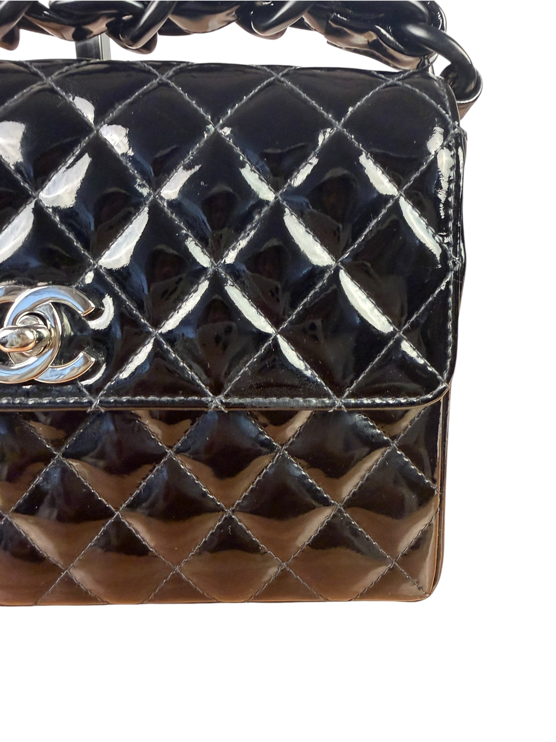 Chanel Black Quilted Patent Leather Top Handle 1996