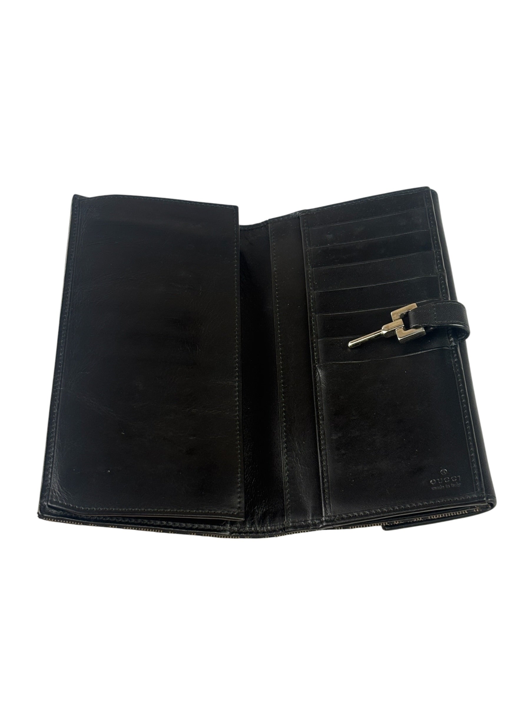 Gucci Black Leather Trim GG Flap Long Wallet