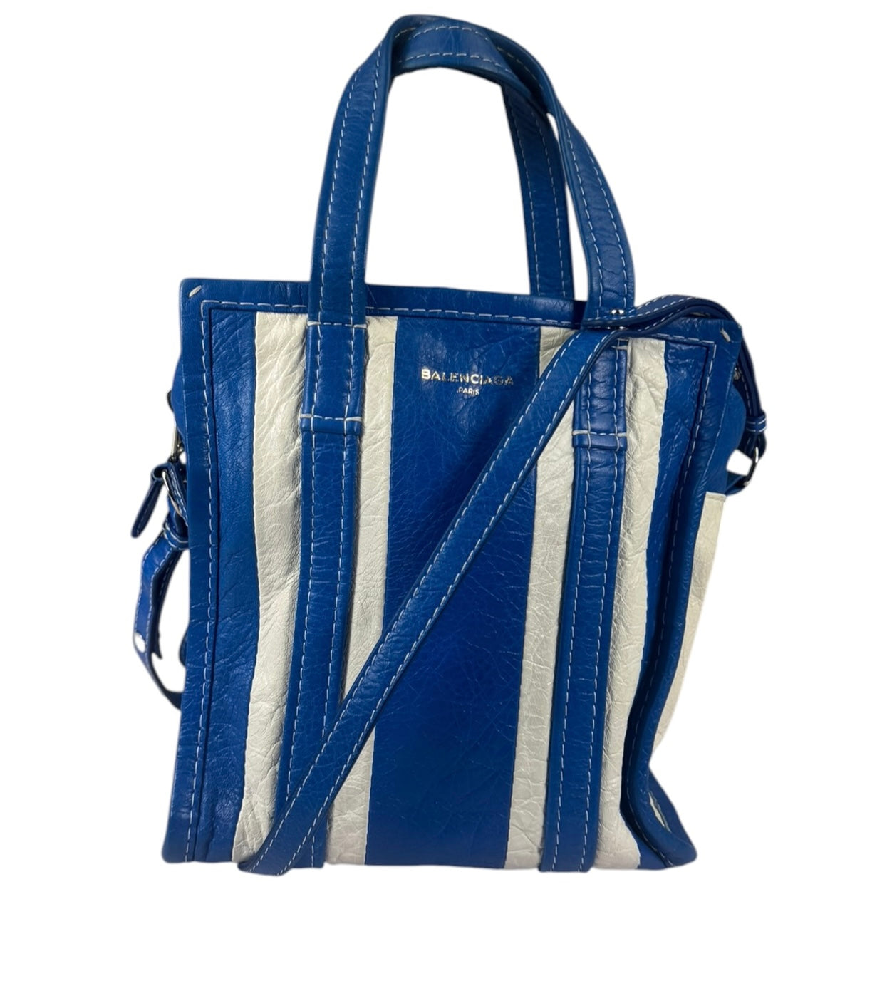 Balenciaga White/Blue Bazar Stripe Two-Way Tote Bag