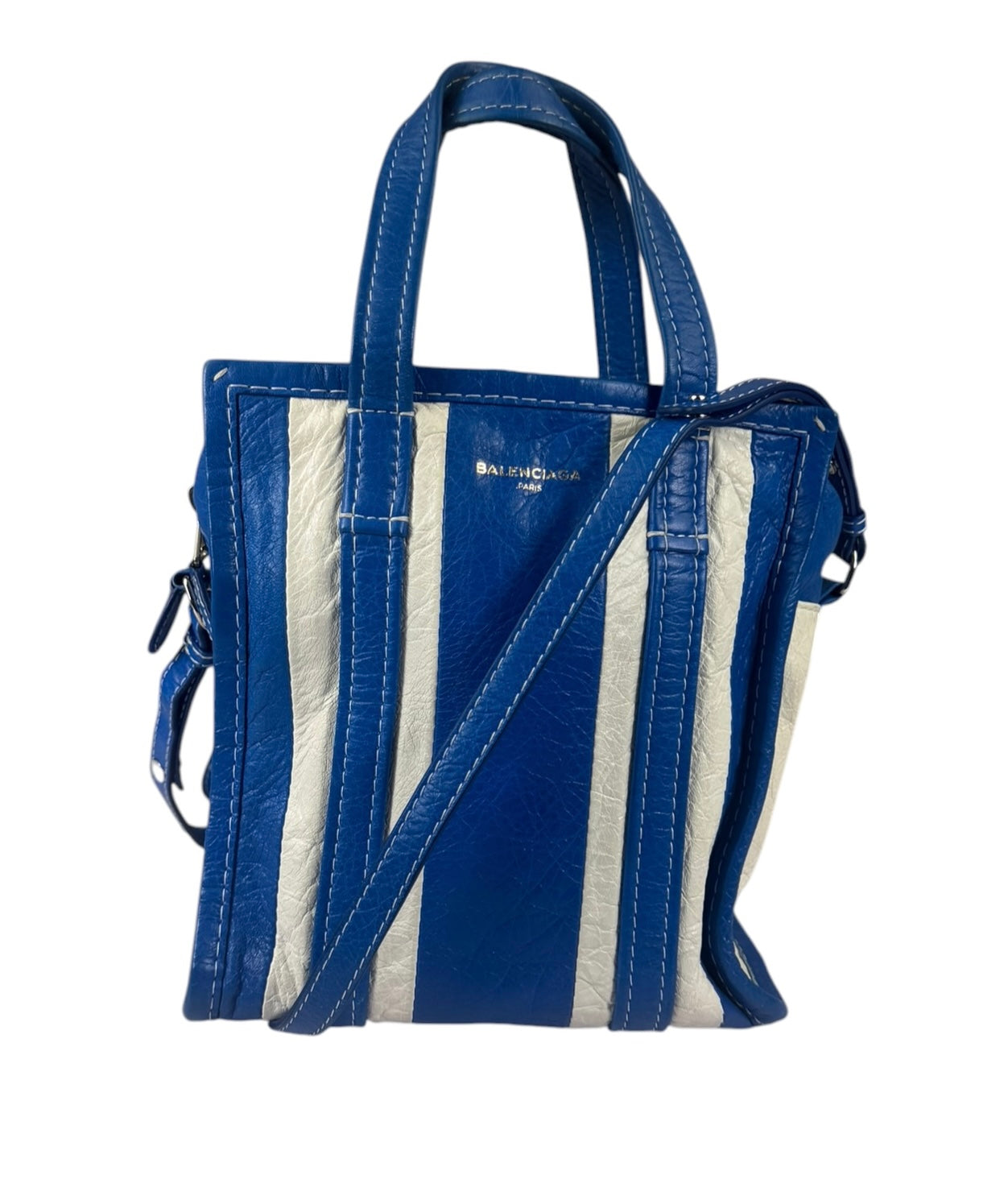 Balenciaga White/Blue Bazar Stripe Two-Way Tote Bag
