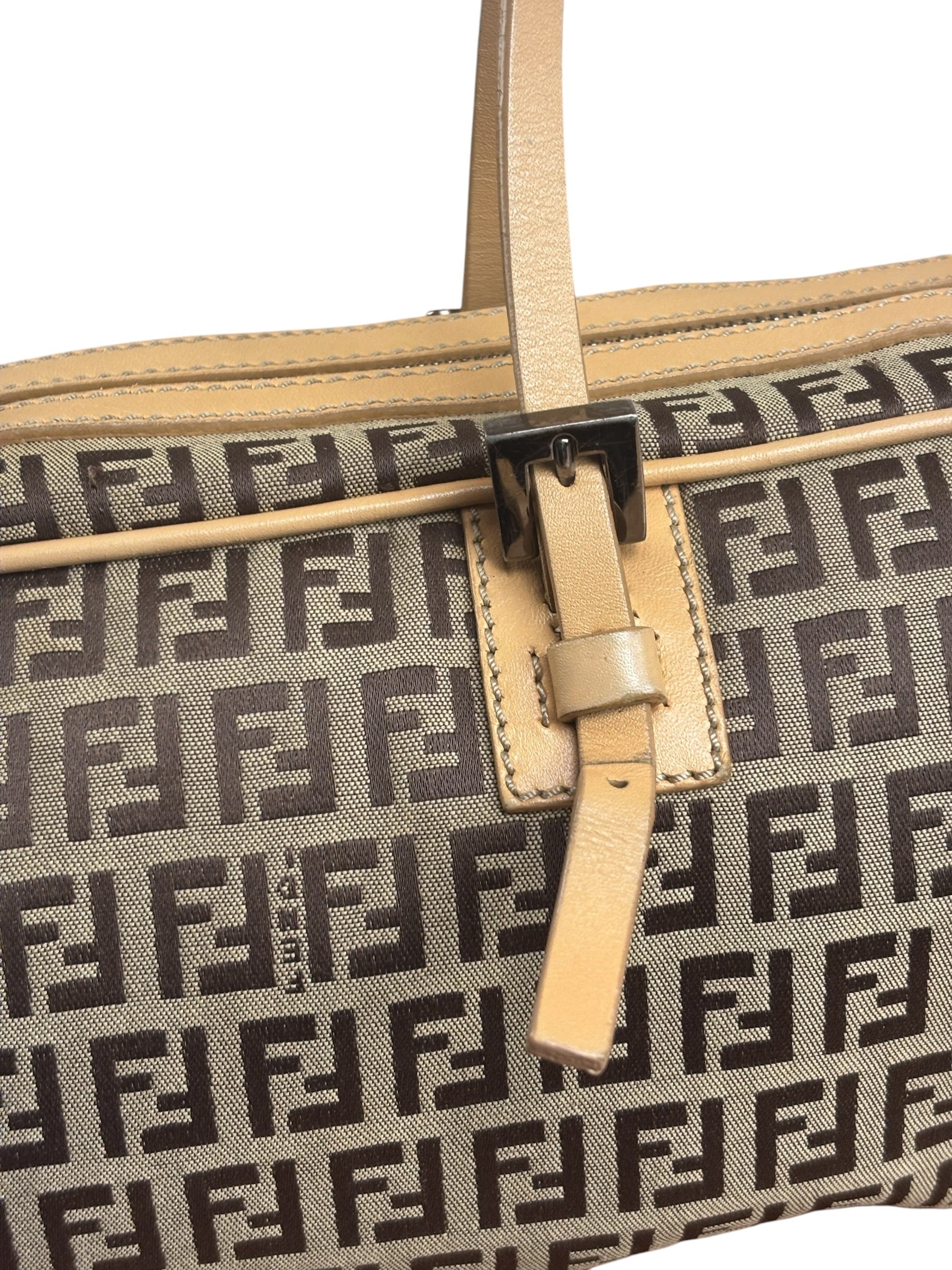 Fendi Beige Leather Trim Zucca Small Boston Bag