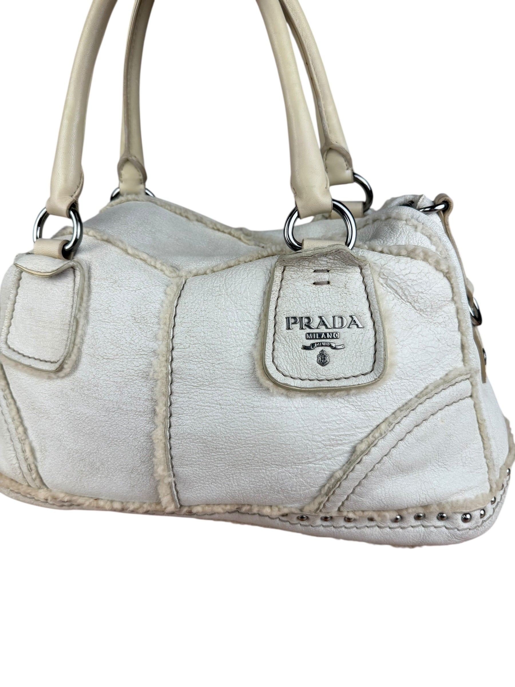 Prada Vintage White Studded Leather Shearling Bowler 2Way Bag