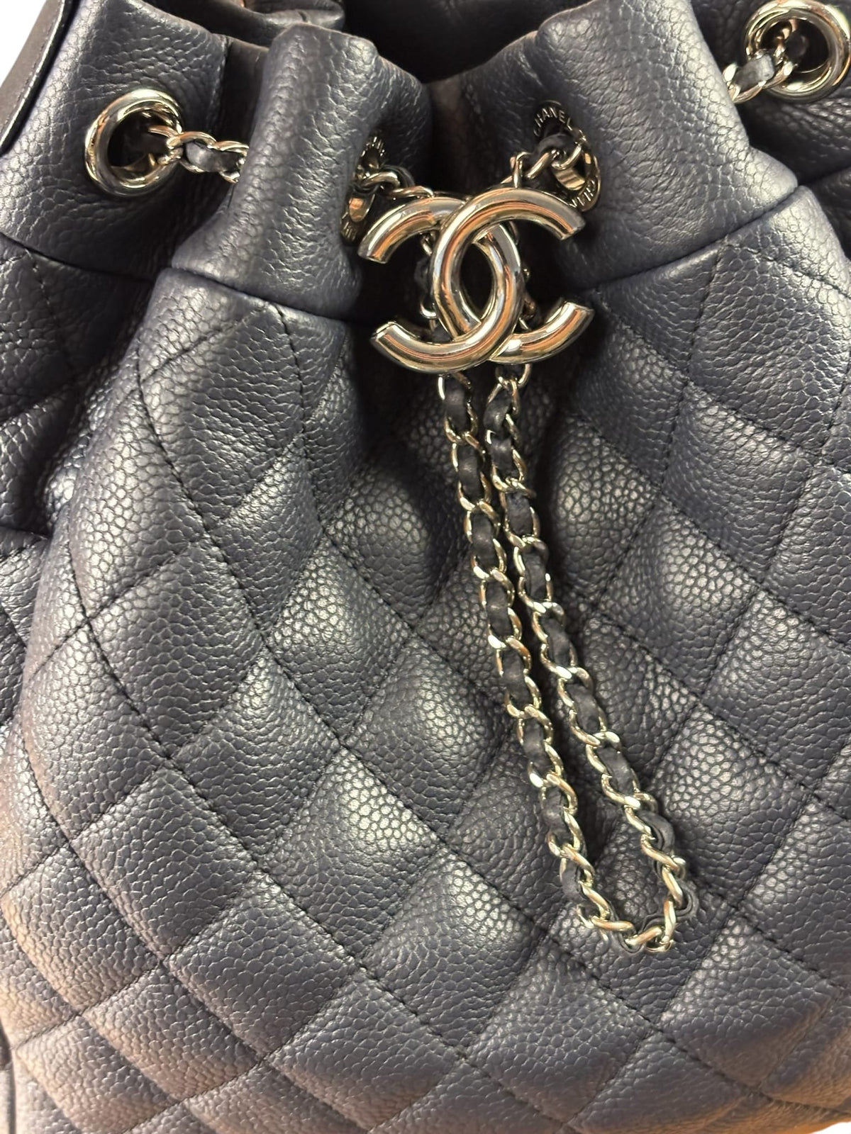 Chanel Navy Quilted Caviar Bucket Bag 2018