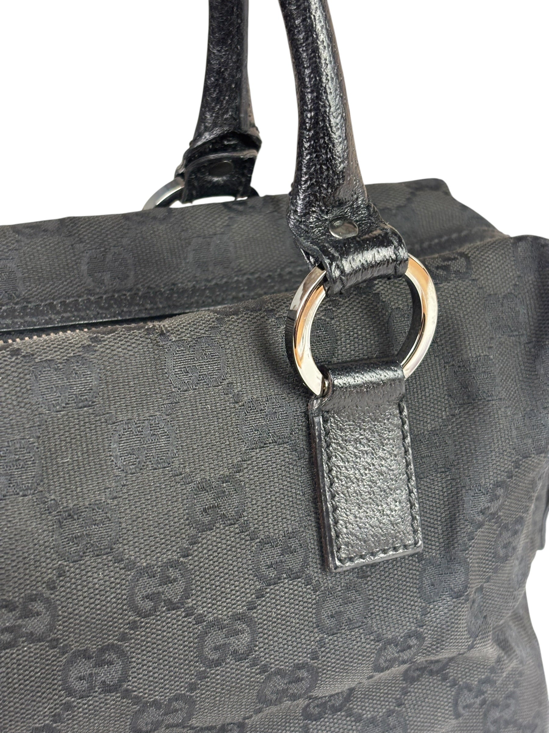 Gucci Black Leather Trim GG Top Handle Bag