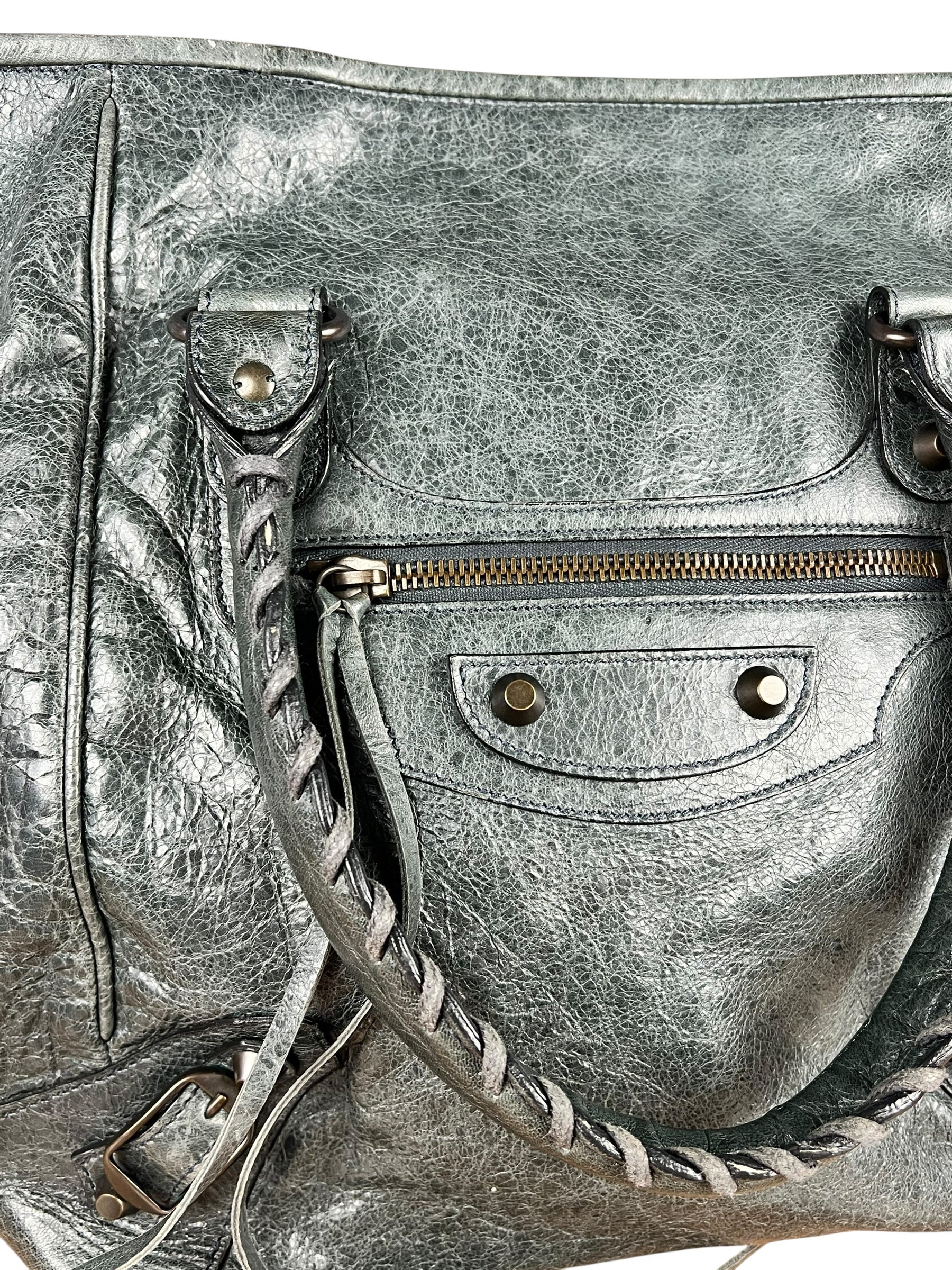 Balenciaga Leather Motocross Muted Teal Sunday Tote