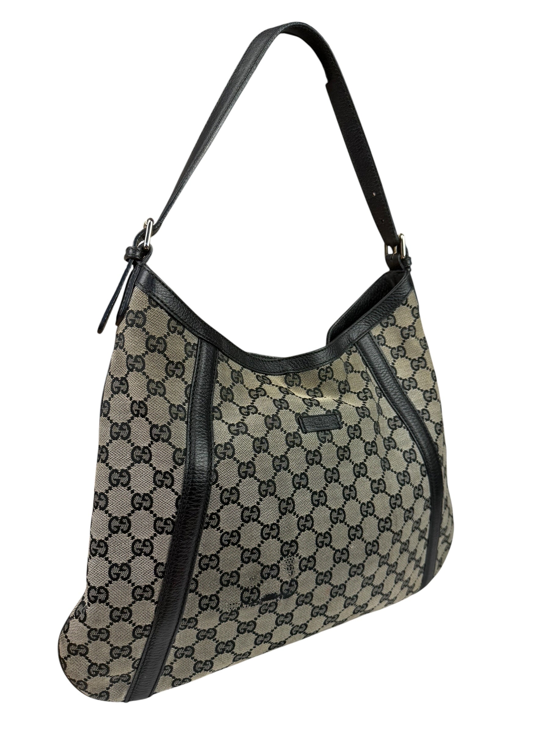 Gucci Black Leather Trim GG Supreme Hobo Bag