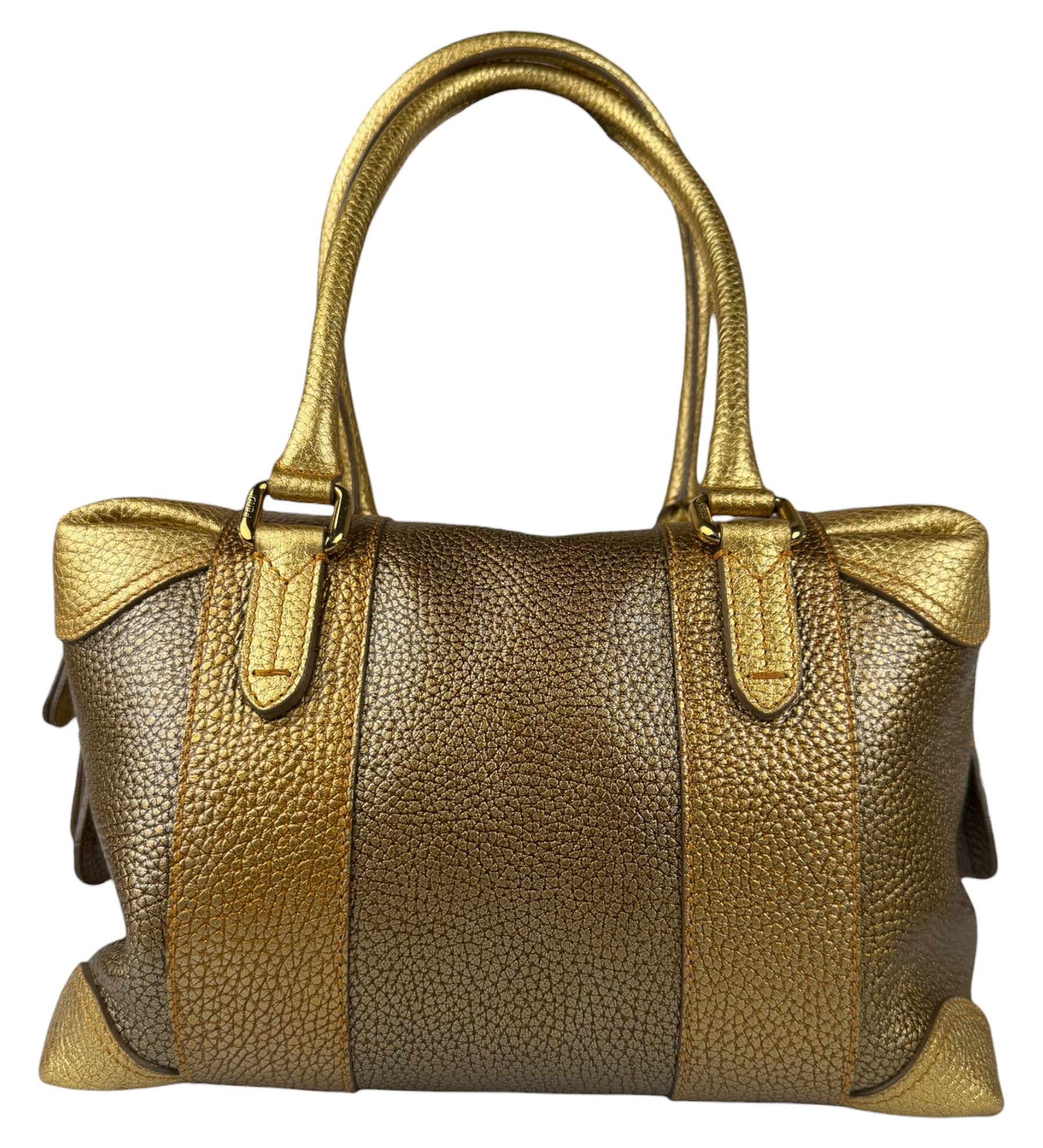 Fendi Metalic Gold Patent Pebbled Leather Media Boston Bag