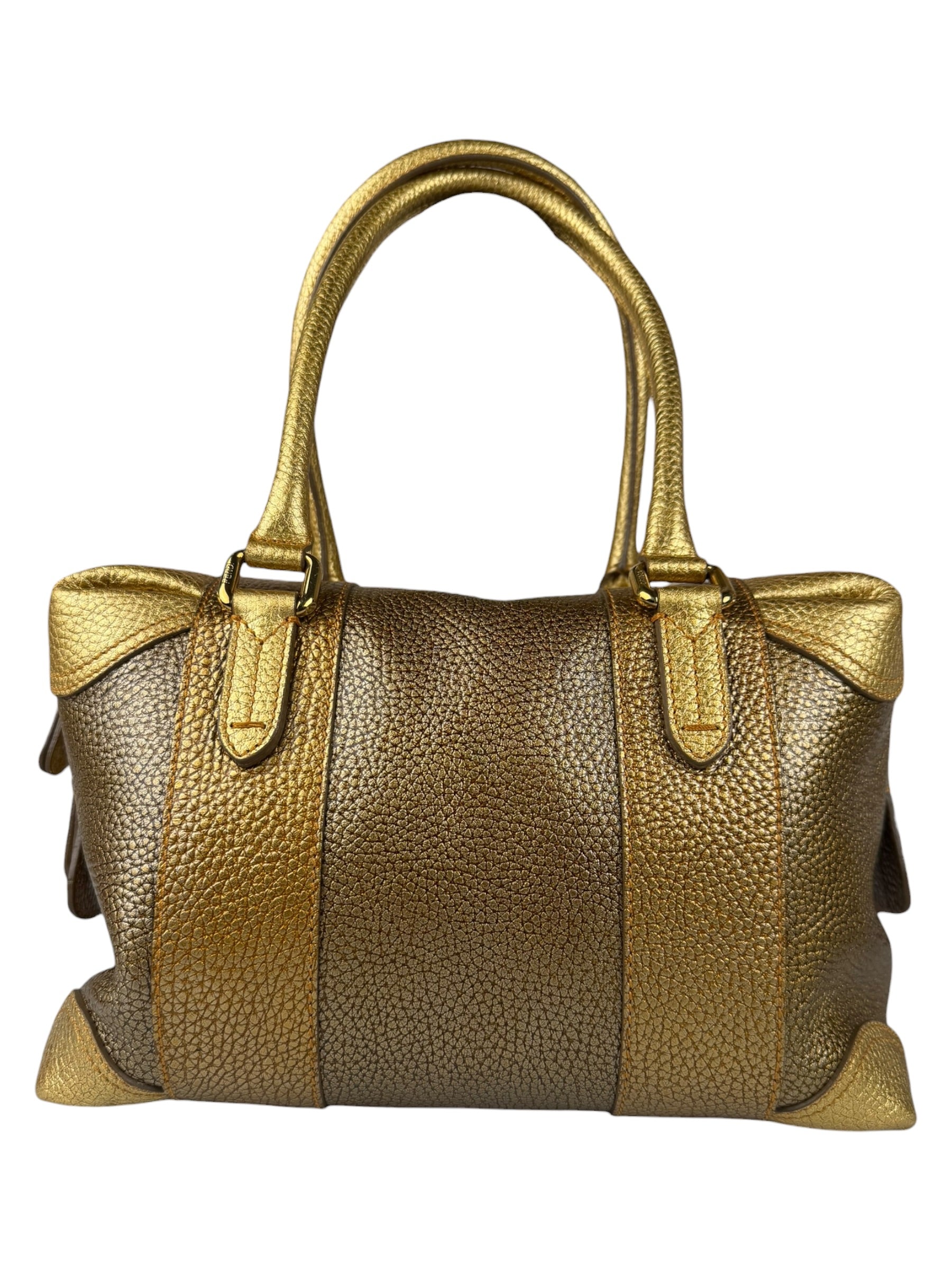 Fendi Metalic Gold Patent Pebbled Leather Media Boston Bag