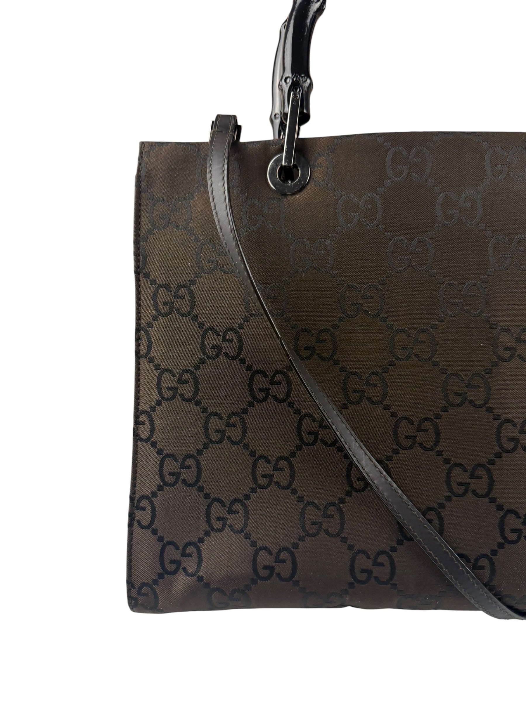 Gucci Brown Nylon Leather Trim Canvas Monogram Bamboo Two-Way Bag