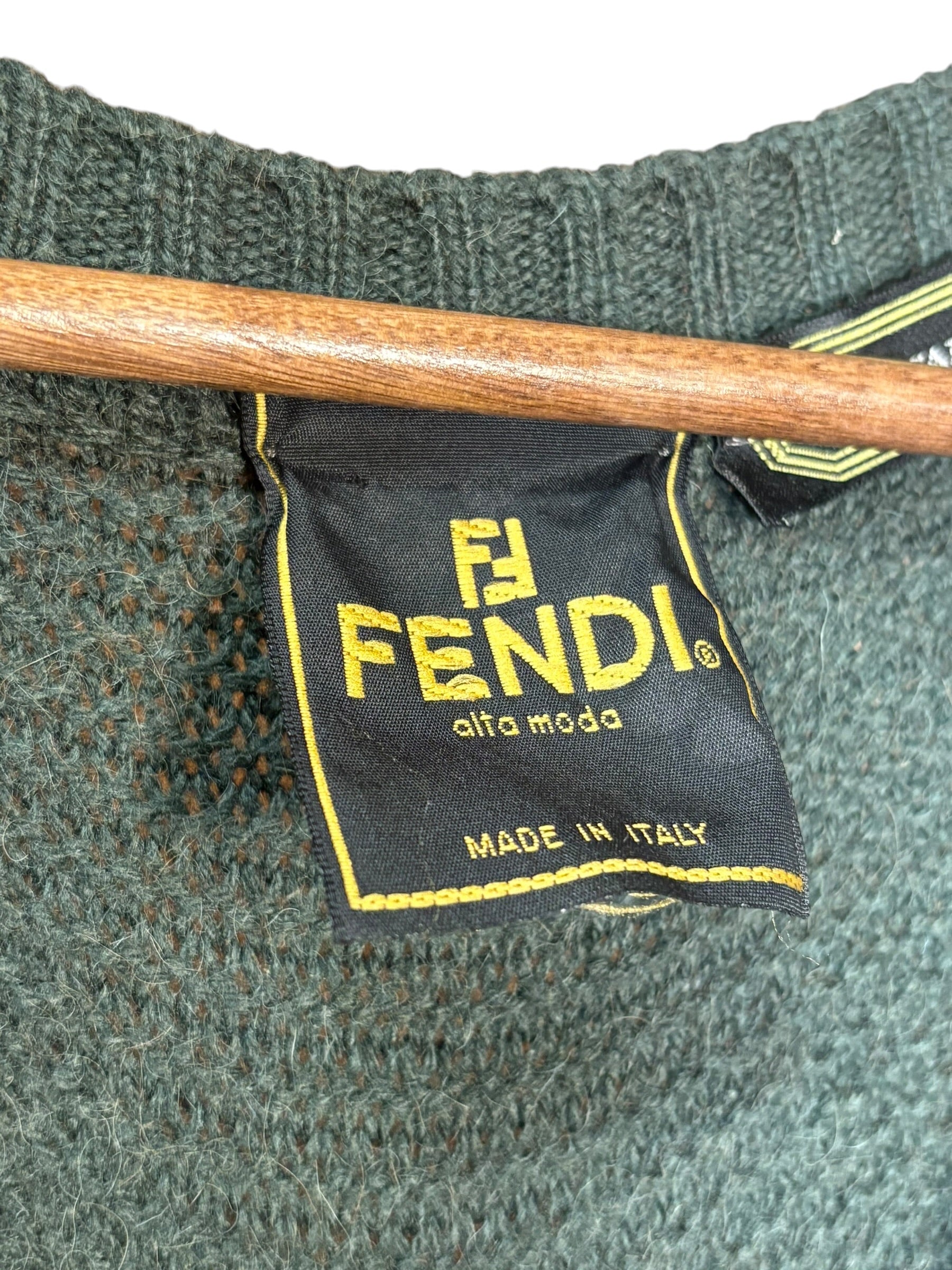 Fendi Green Vintage V-Neck Camel Hair Sweater