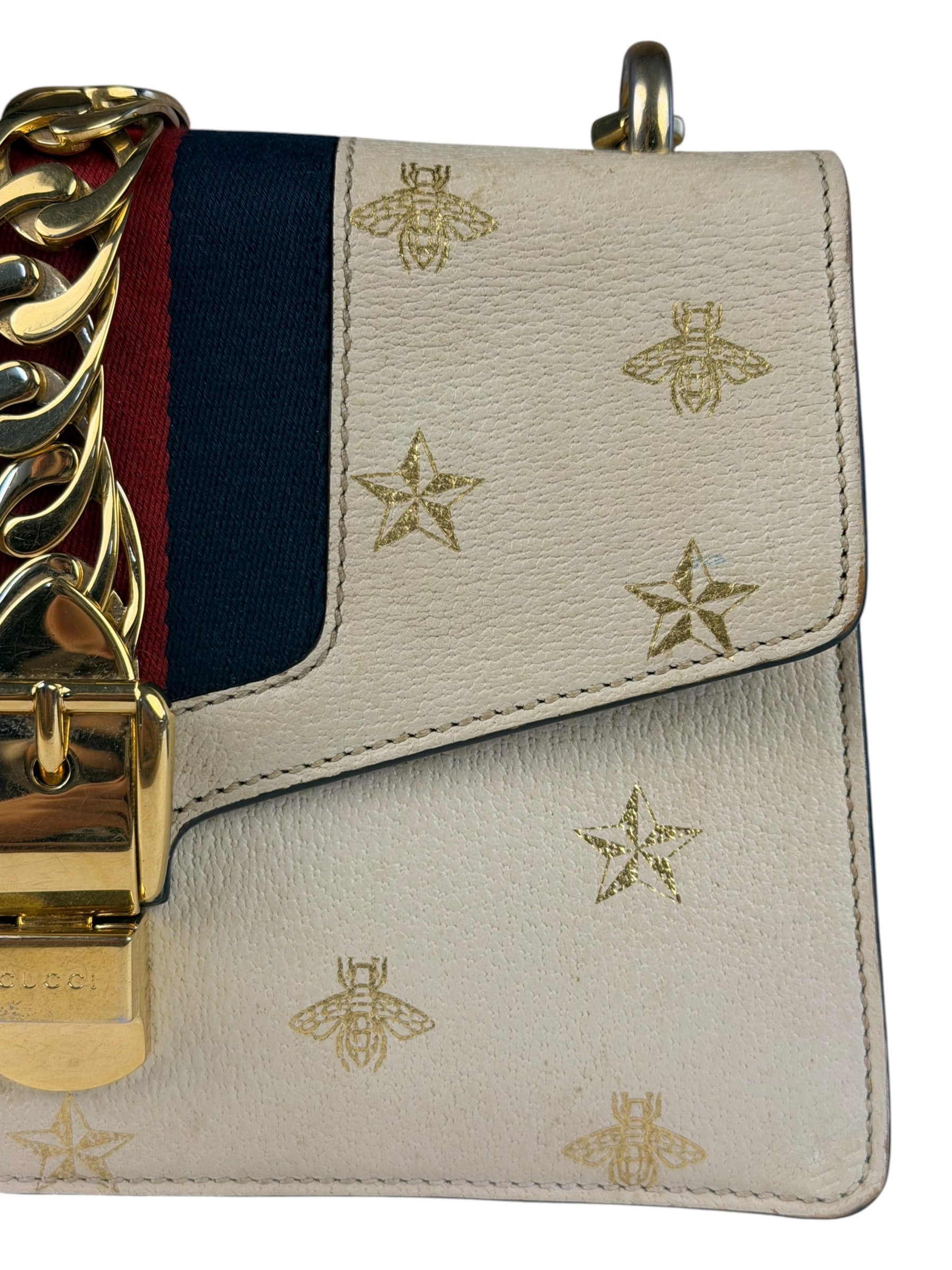 Gucci Textured Calfskin Bee Star Sylvie Shoulder Bag White