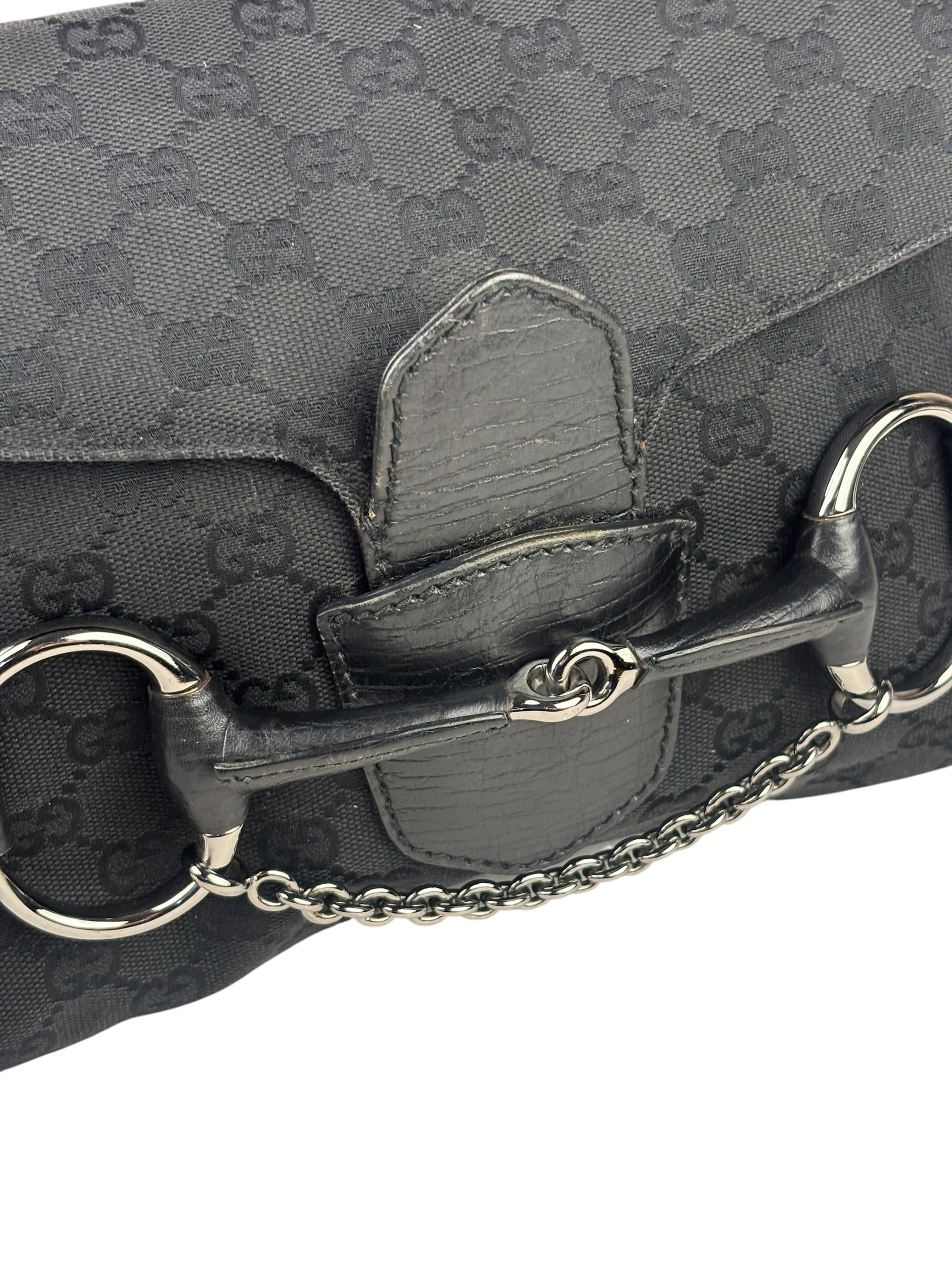 Gucci Black Leather Trim Horsebit GG Chain Shoulder Bag