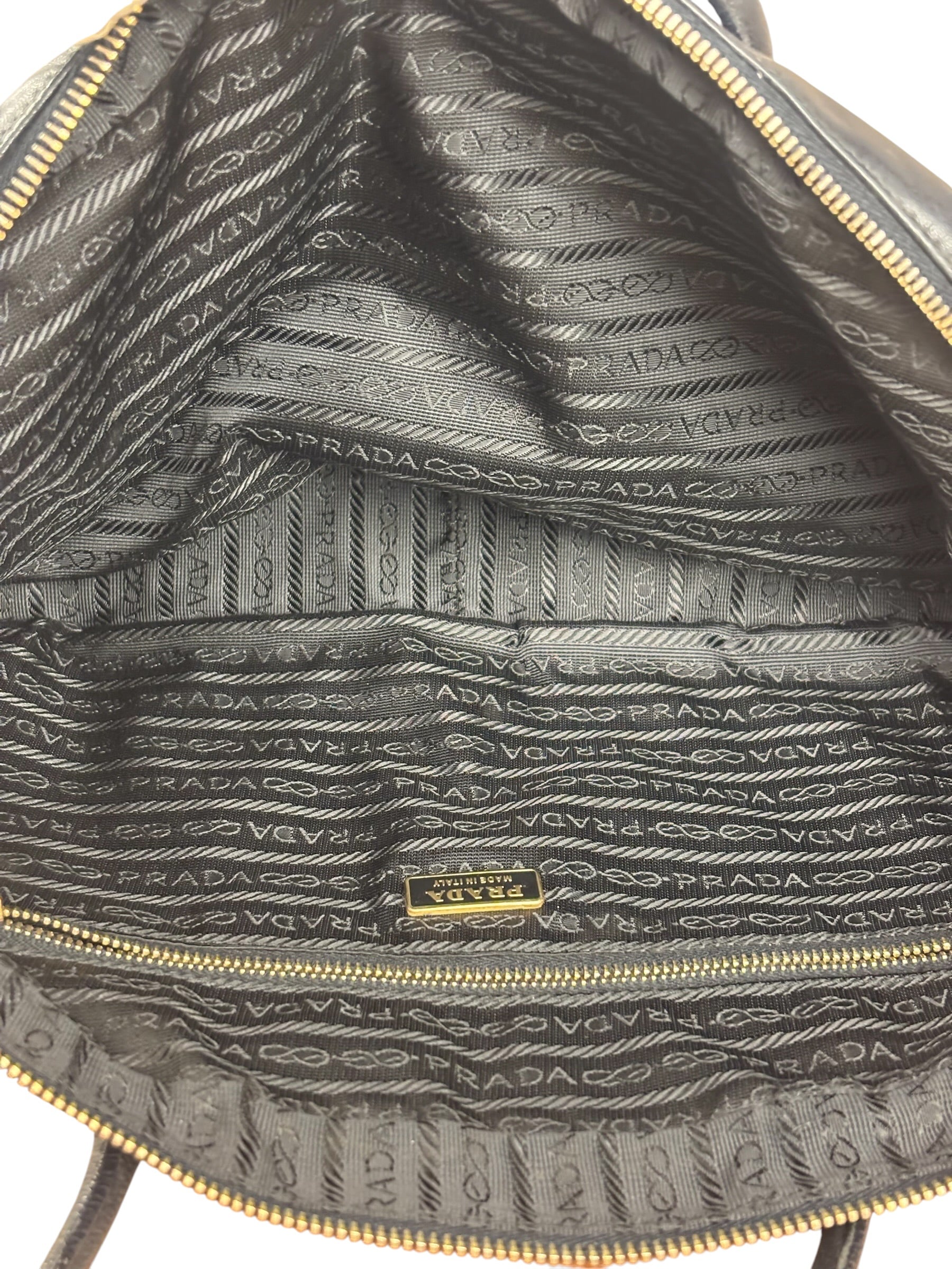 Prada Vintage Black Leather Nappa Metal Grommet Bauletto Handbag