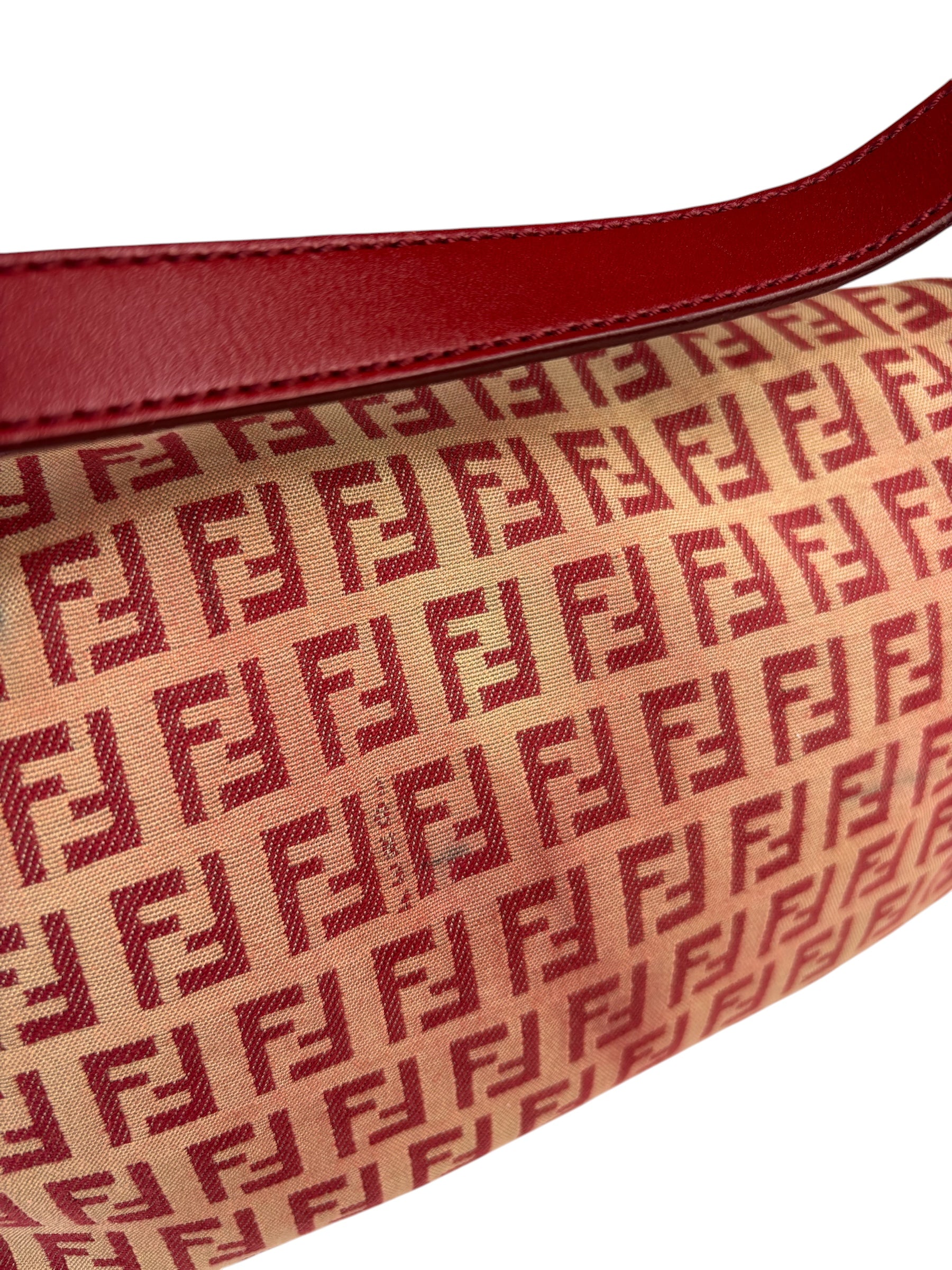 Fendi Red Leather Trim Zucca Baguette